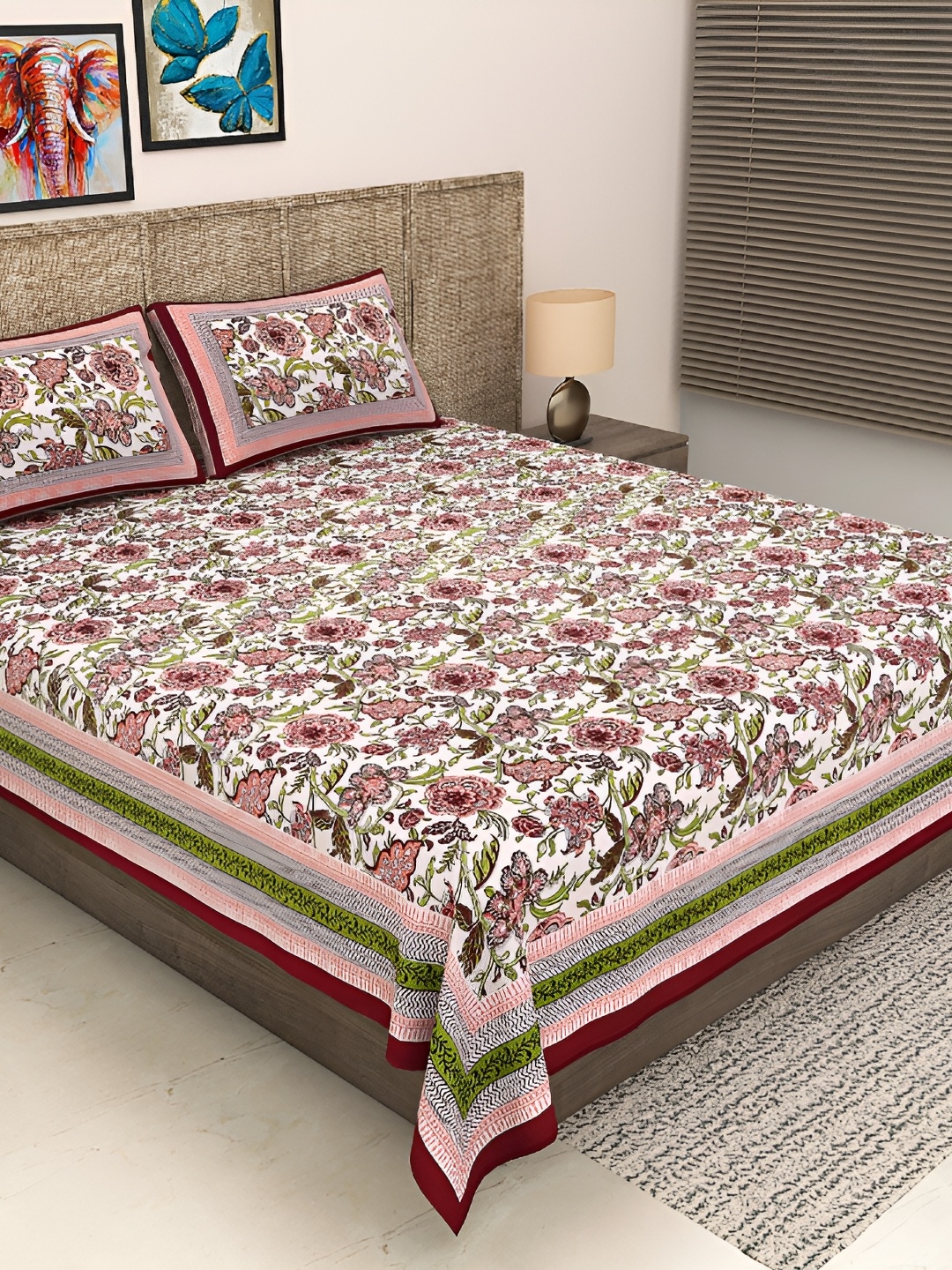 

PATRICKO Beige & Maroon Floral Cotton 400 TC King Bedsheet with 2 Pillow Covers