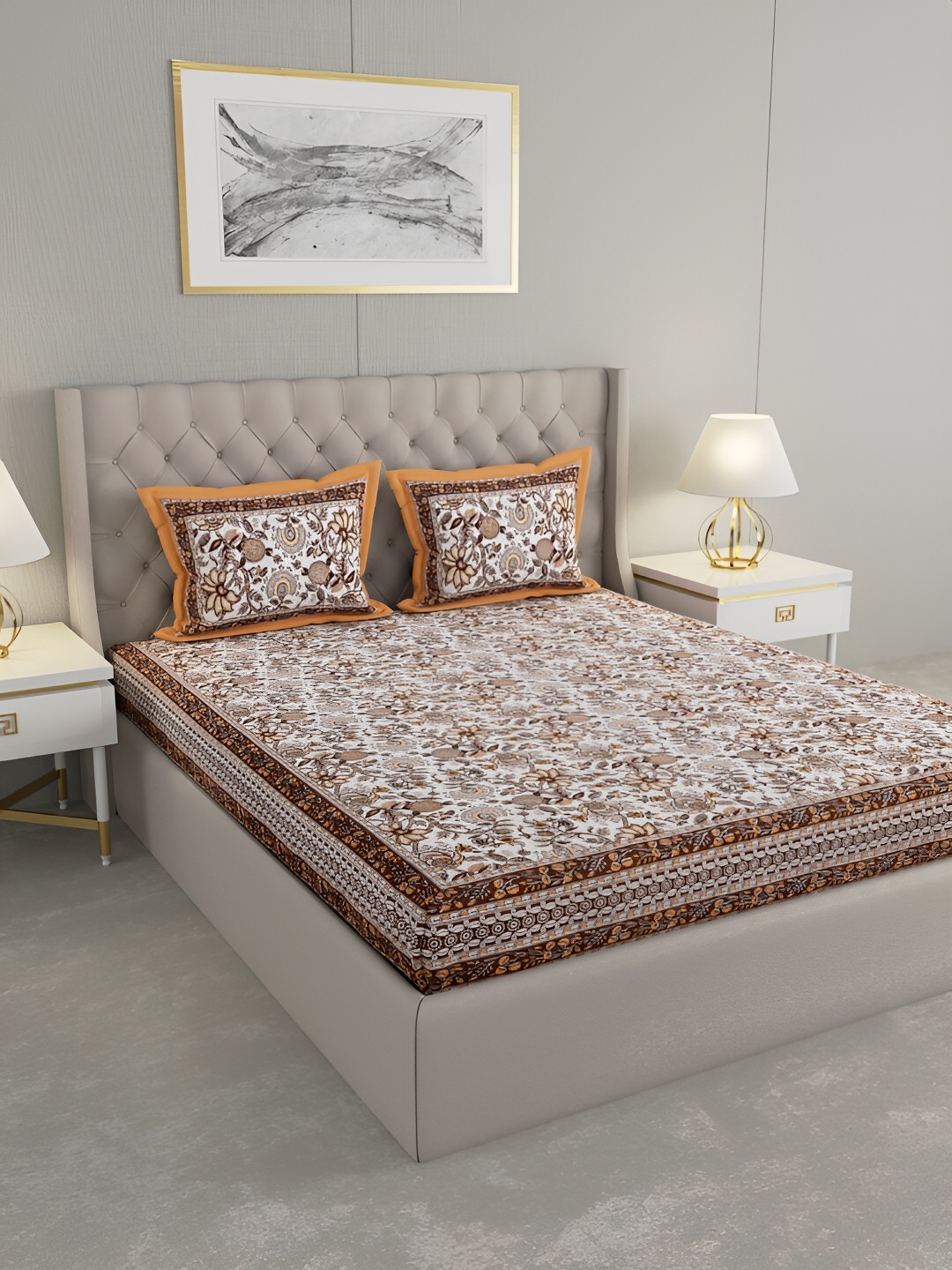 

PATRICKO Brown & White Floral 330 TC Cotton King Bedsheet with 2 Pillow Covers