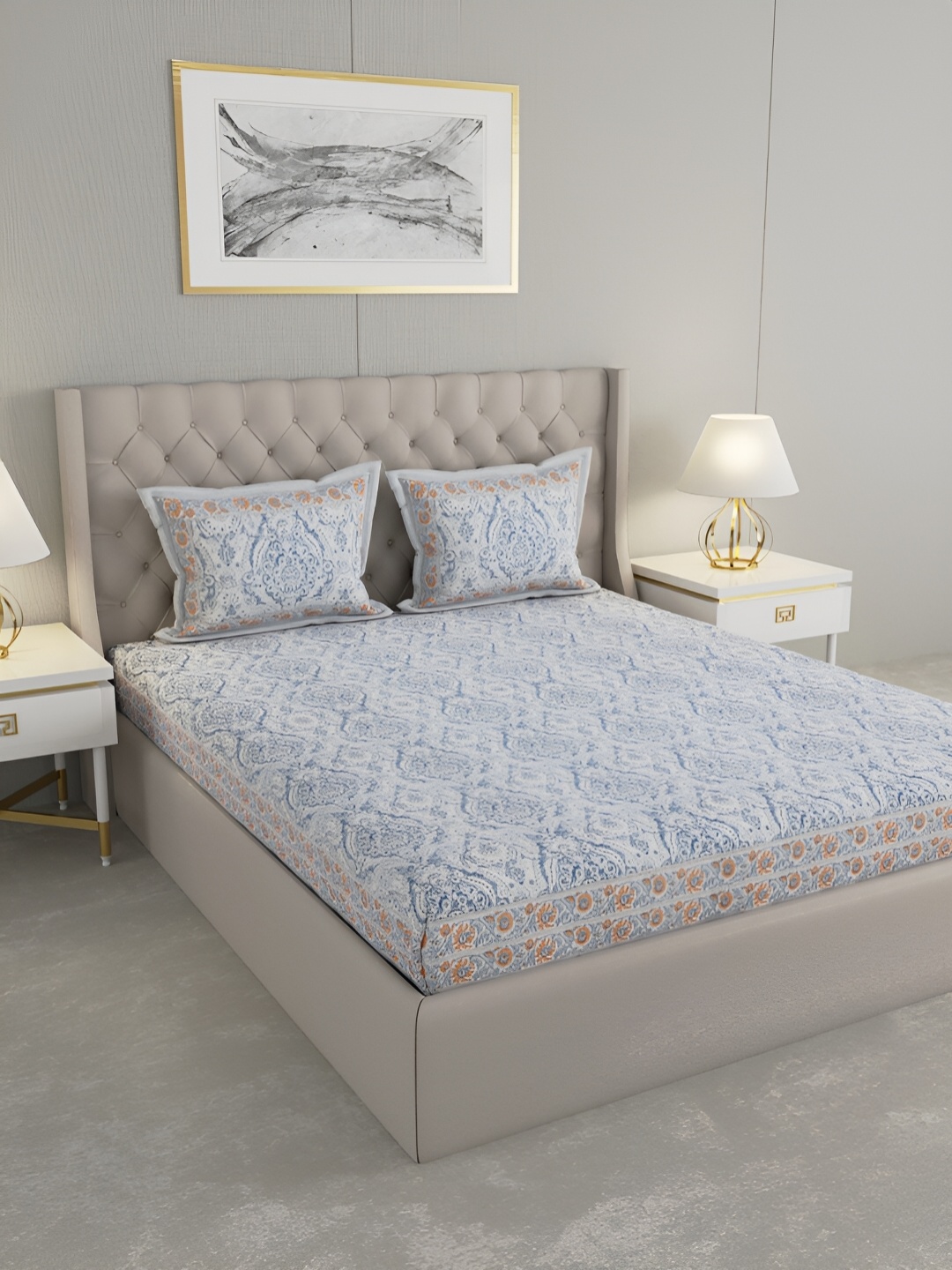 

PATRICKO Blue & White Floral Flat 330 TC Cotton King Bedsheet with 2 Pillow Covers