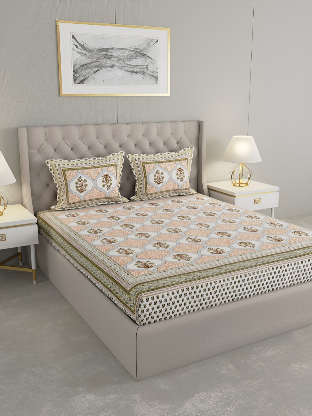 

PATRICKO Brown & White Floral 330 TC Cotton King Bedsheet With 2 Pillow Covers