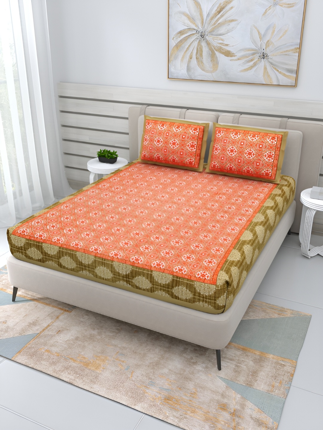 

PATRICKO Orange & White Ethnic Motifs 210 TC Cotton Queen Bedsheet With 2 Pillow Covers