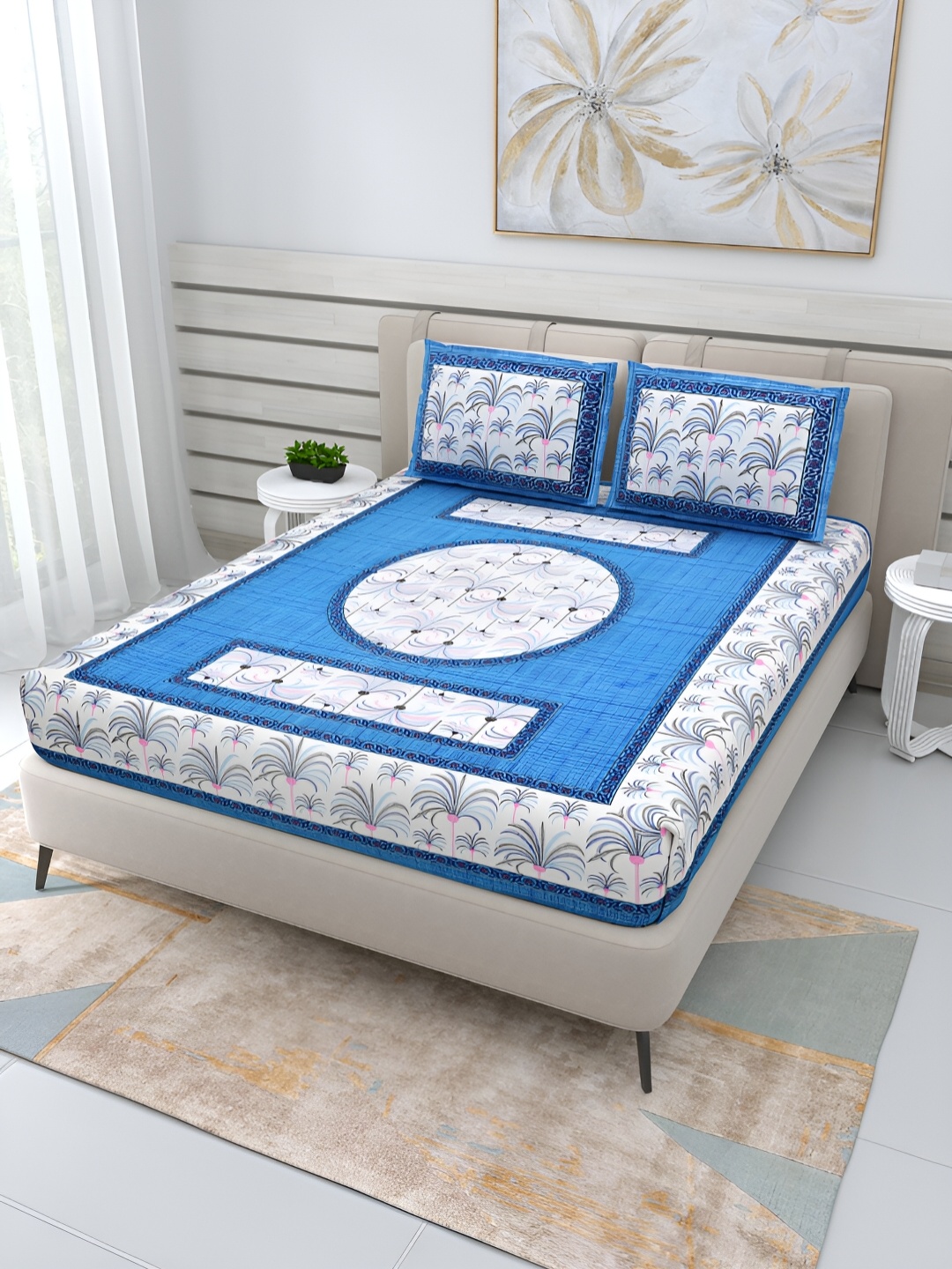 

PATRICKO Blue & White Floral 210 TC Cotton Queen Bedsheet with 2 Pillow Covers