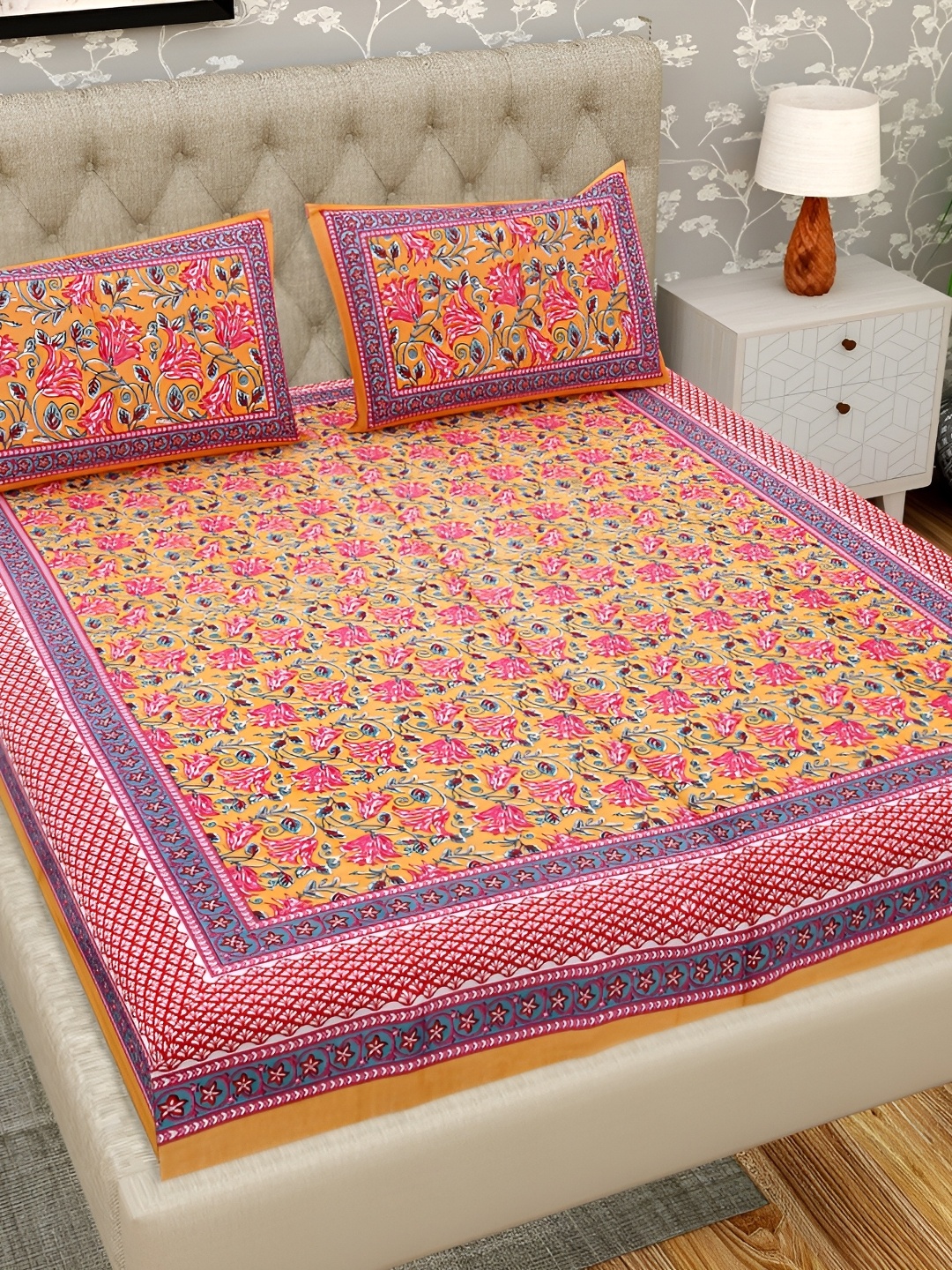 

PATRICKO Orange & Blue Floral Cotton 330 TC King Bedsheet with 2 Pillow Covers