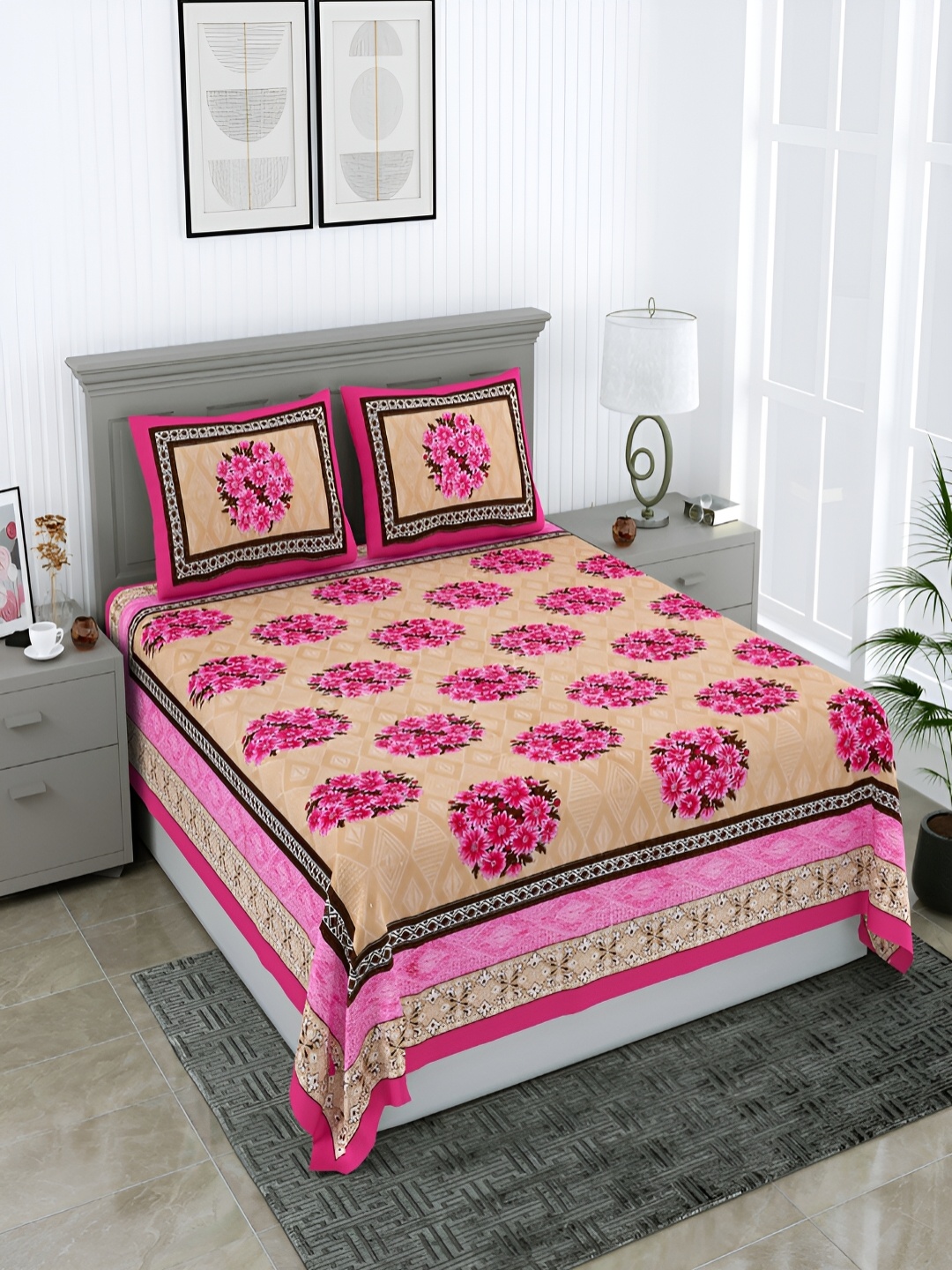 

PATRICKO Cream & Pink Floral Cotton 210 TC Queen Bedsheet with 2 Pillow Covers