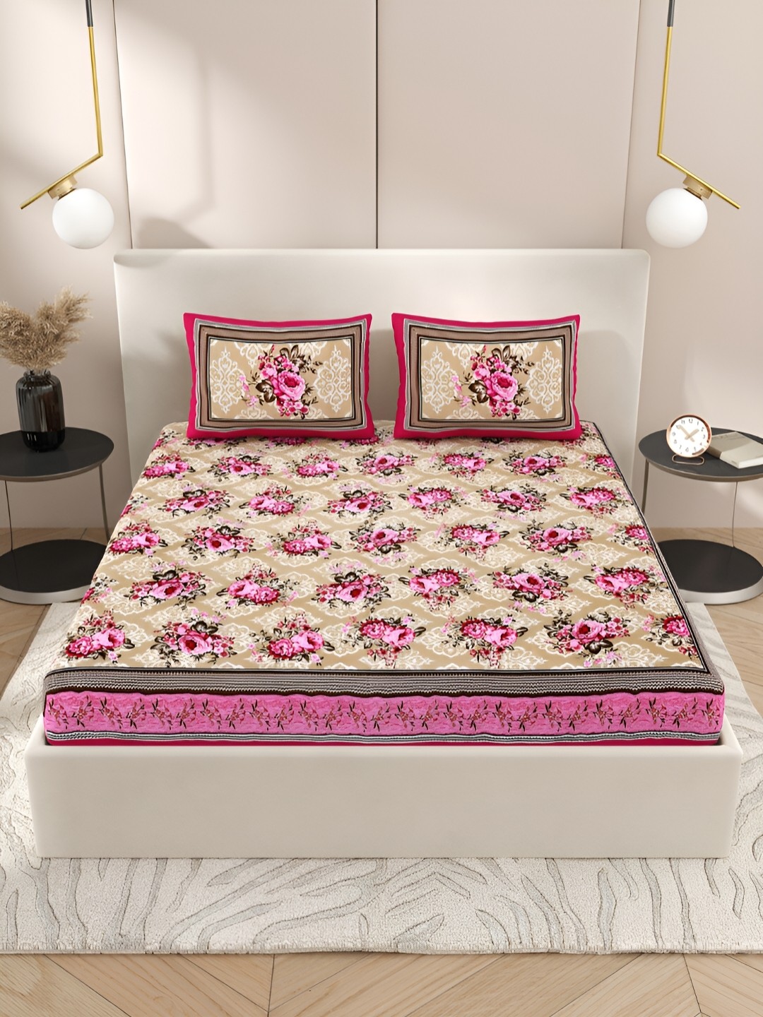 

PATRICKO Pink & Cream-Coloured Floral Cotton 210 TC Queen Bedsheet with 2 Pillow Covers
