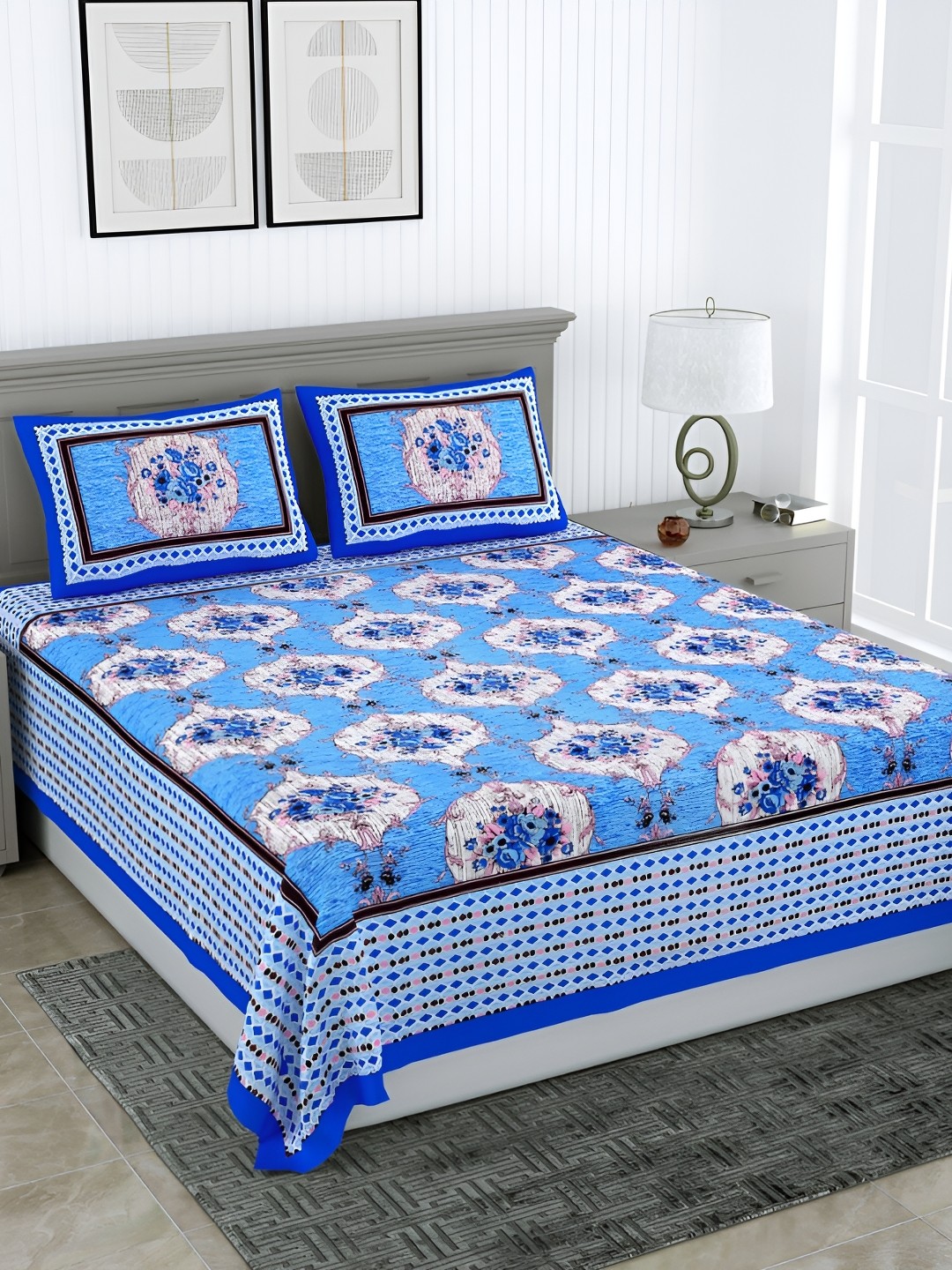 

PATRICKO Blue Ethnic Motifs Cotton 210 TC Super Queen Double Bedsheet with 2 Pillow Covers