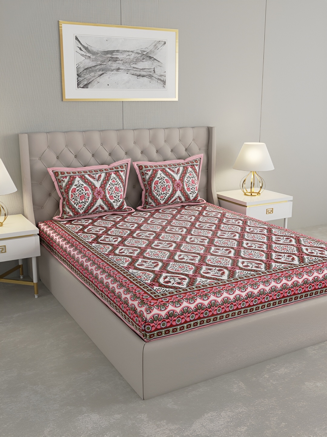 

PATRICKO Maroon & Pink Ethnic Motifs 330 TC King Bedsheet with 2 Pillow Covers