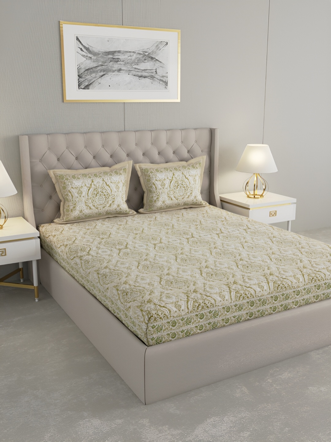 

PATRICKO Green Floral Printed Cotton 330 TC King Bedsheet with 2 Pillow Covers