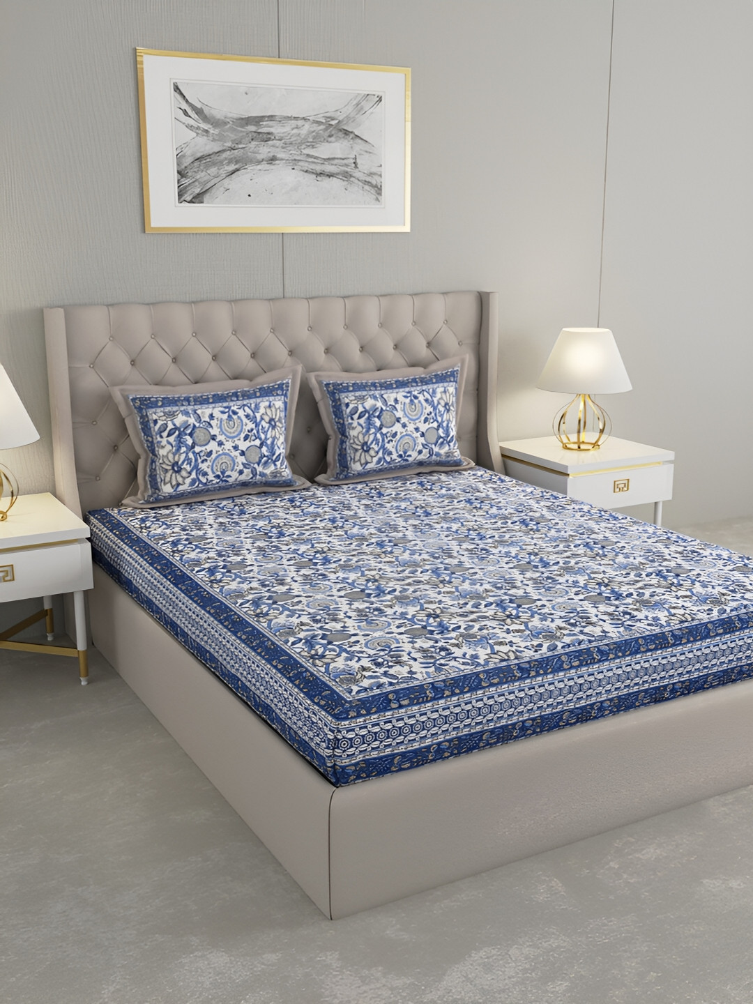 

PATRICKO Blue & White Floral Cotton 330 TC King Bedsheet with 2 Pillow Covers