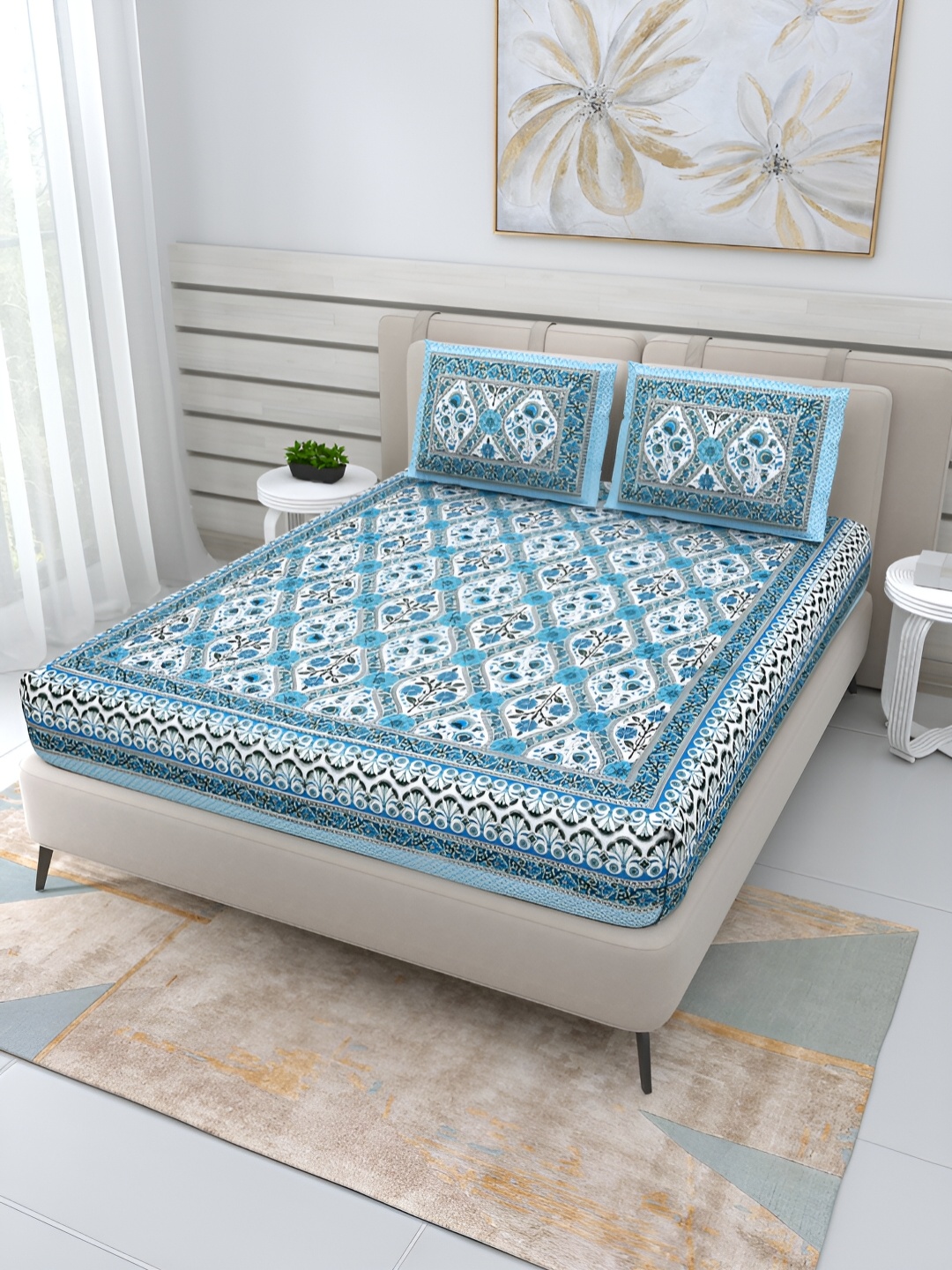 

PATRICKO Blue & White Floral Flat 210 TC Cotton Queen Bedsheet with 2 Pillow Covers
