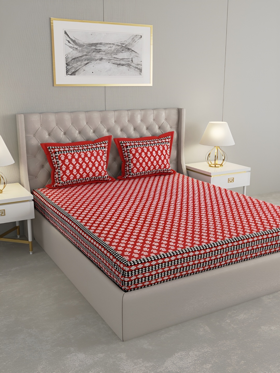 

PATRICKO Red & White Floral 330 TC Cotton King Bedsheet with 2 Pillow Covers
