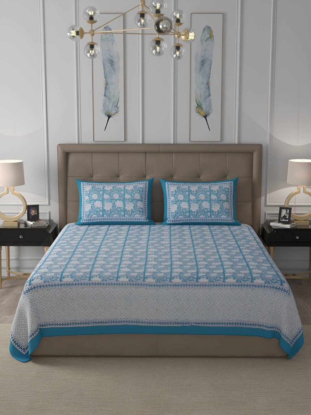 

PATRICKO Blue & White Floral Cotton 400 TC King Bedsheet With 2 Pillow Covers