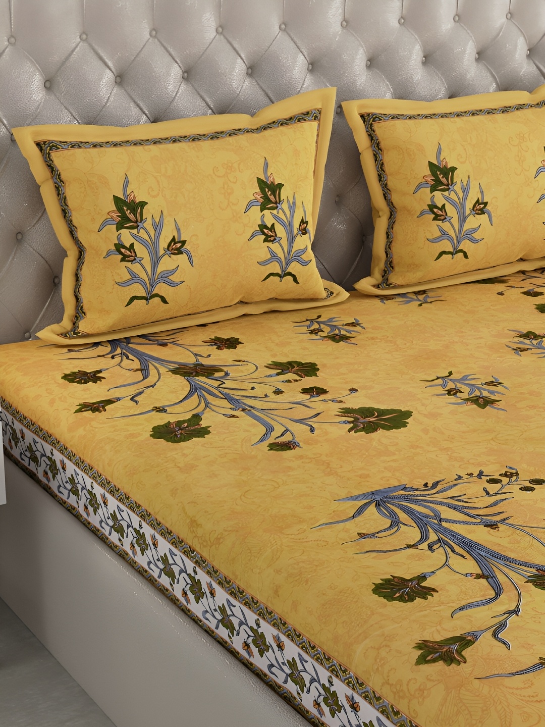 

PATRICKO Yellow & Green Floral Cotton 400 TC King Bedsheet with 2 Pillow Cover