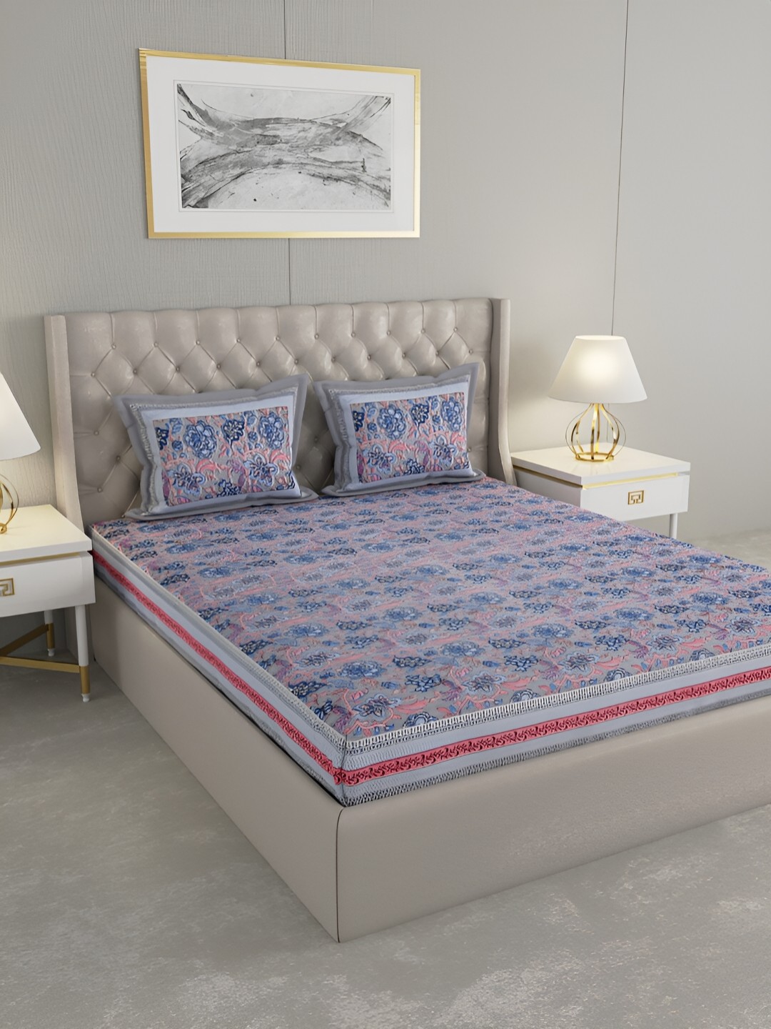 

PATRICKO Blue & Pink Floral Cotton 330 TC King Bedsheet With 2 Pillow Covers