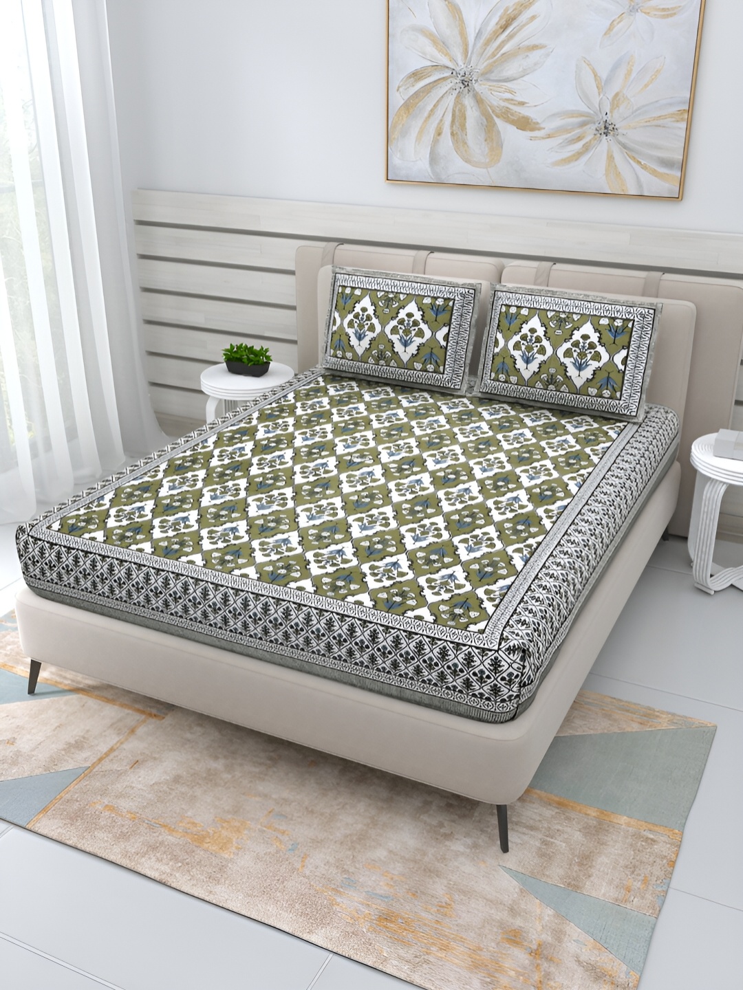 

PATRICKO Green & White Floral 210 TC Pure Cotton Queen Bedsheet with 2 Pillow Covers