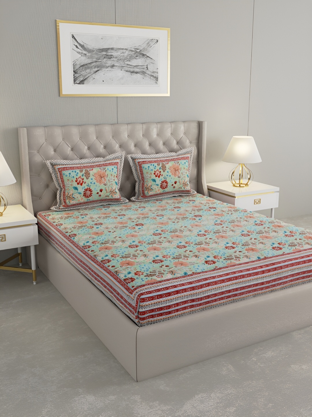 

PATRICKO Green & Blue Floral Cotton 330 TC King Bedsheet with 2 Pillow Covers