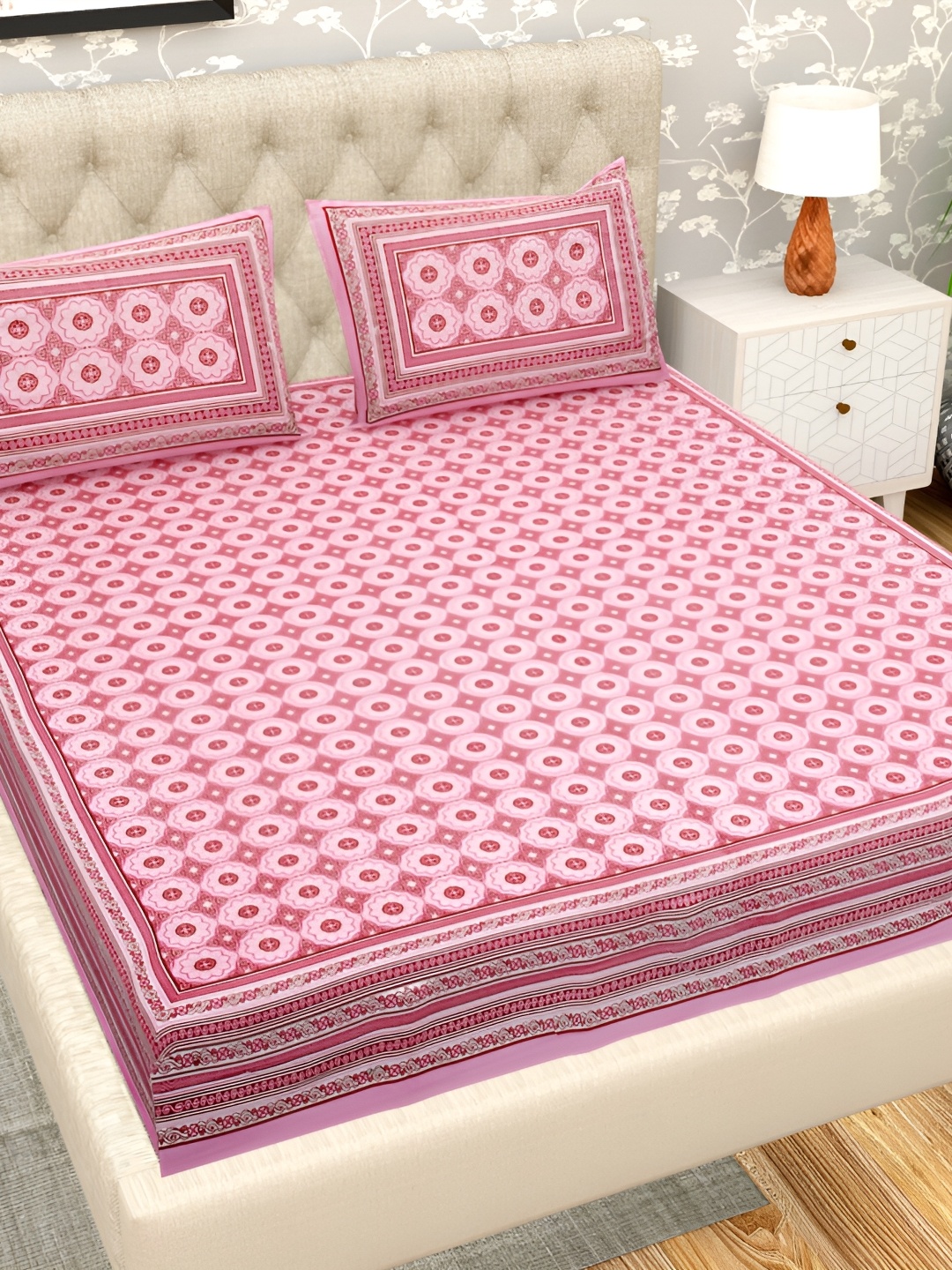 

PATRICKO Pink & Red Floral 330 TC Cotton King Bedsheet With 2 Pillow Covers