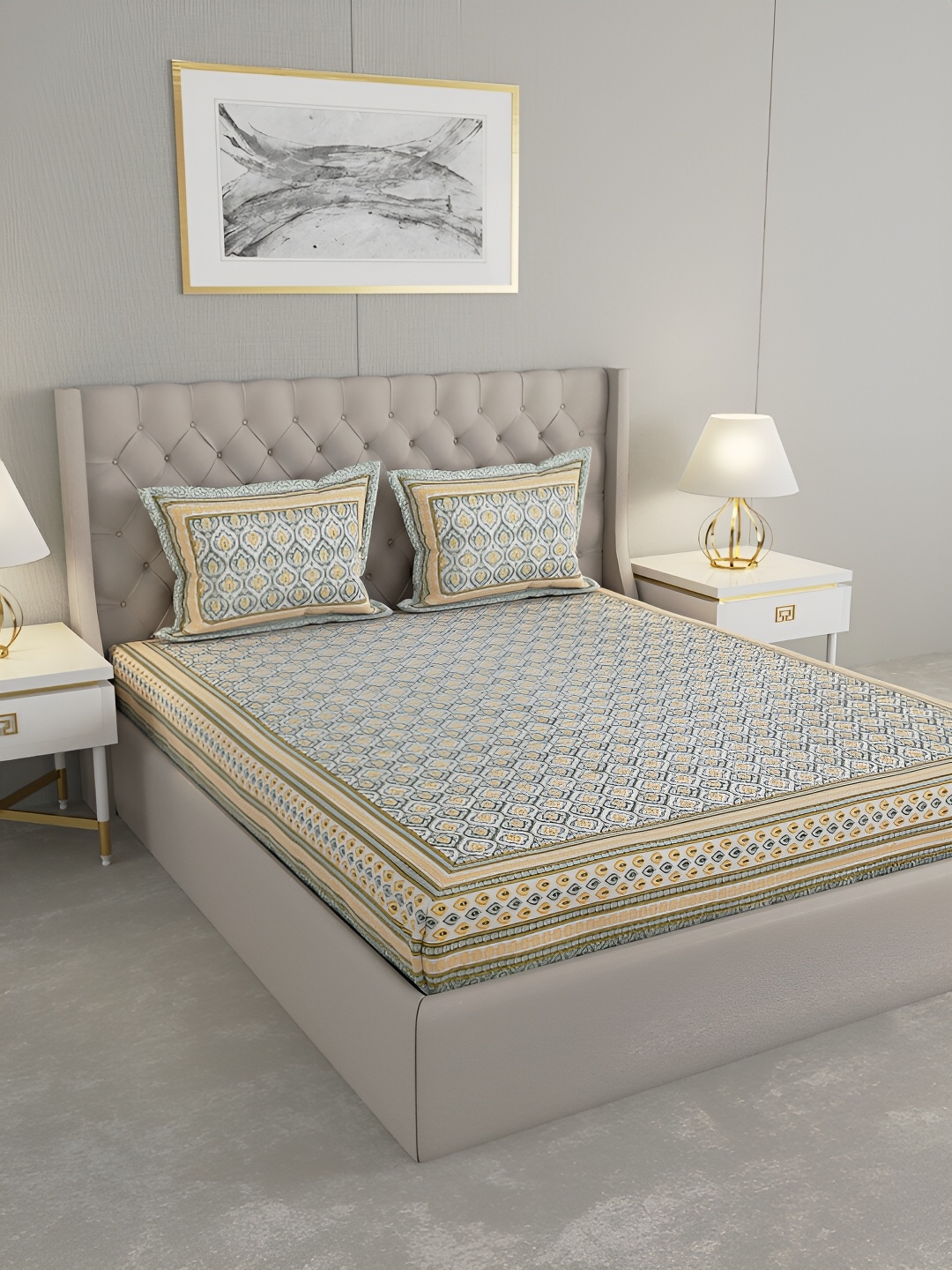

PATRICKO Yellow & Green Floral 330 TC King Bedsheet with 2 Pillow Covers