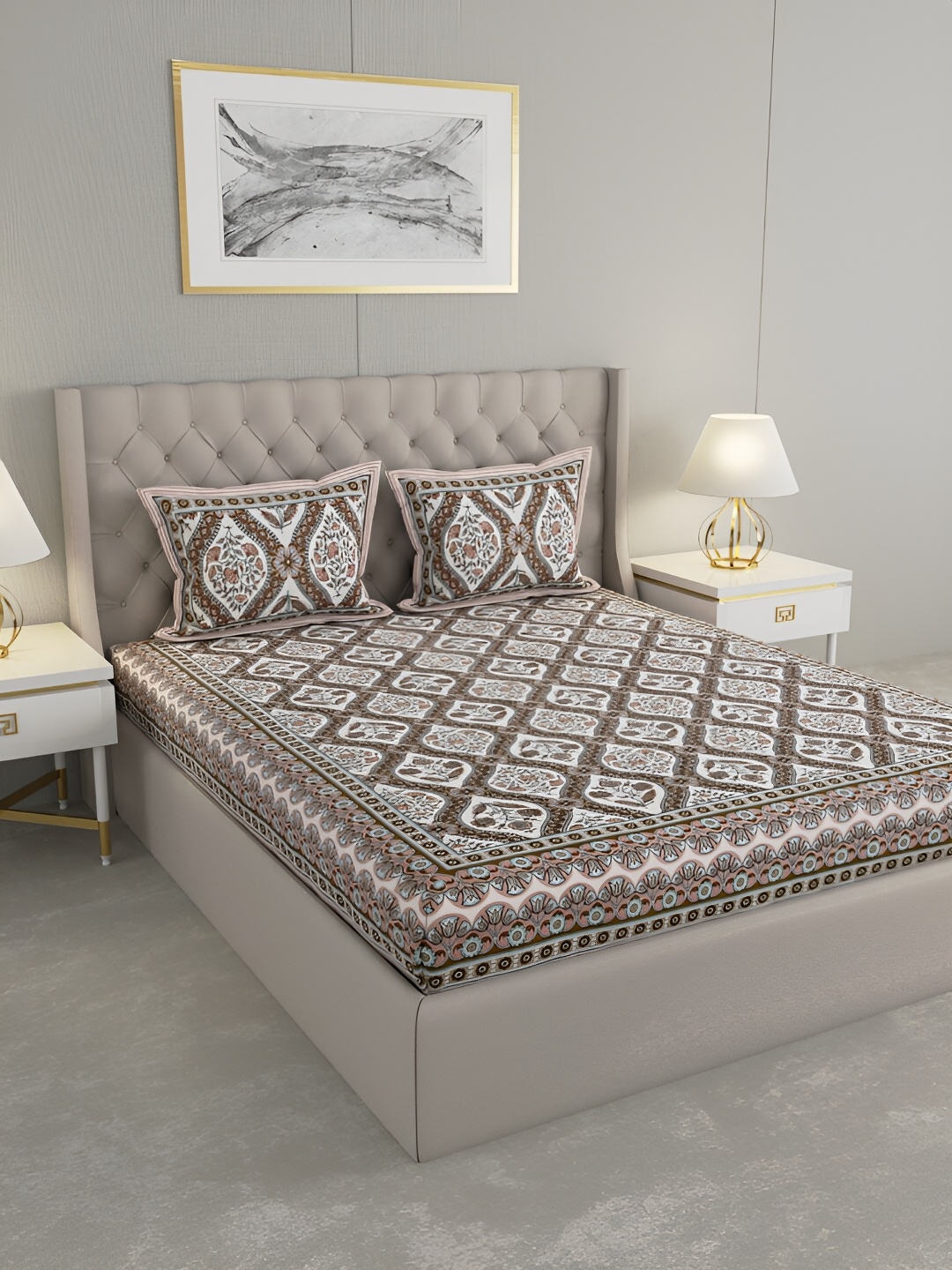 

PATRICKO Brown Floral Cotton 330 TC Super King Double Bedsheet with 2 Pillow Covers