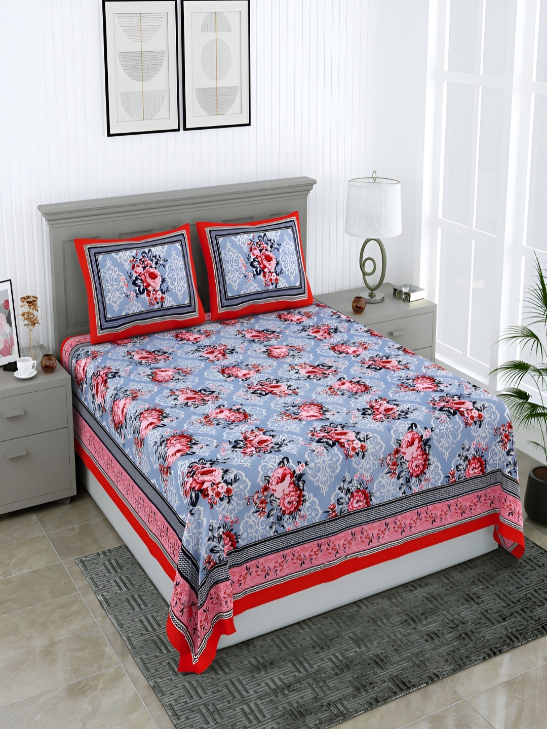 

PATRICKO Blue & Pink Floral Flat 210 TC Cotton Queen Bedsheet with 2 Pillow Covers