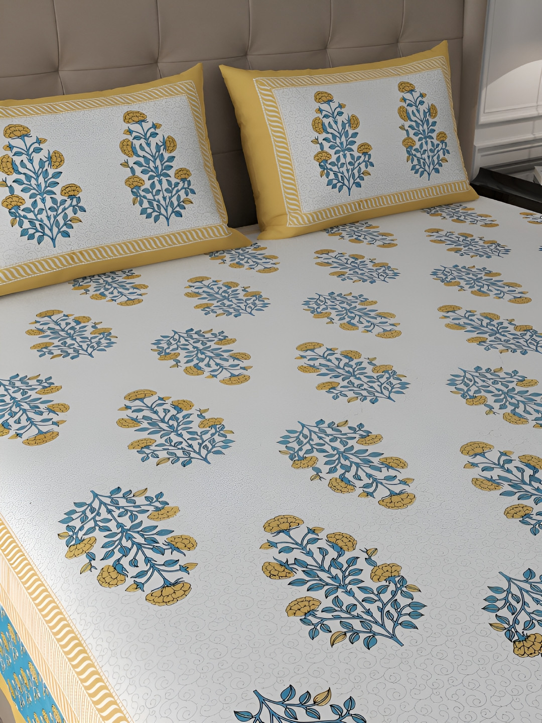 

PATRICKO White & Yellow Floral Cotton 400 TC King Bedsheet with 2 Pillow Covers