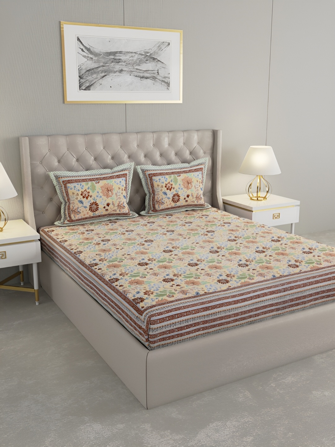 

PATRICKO Cream-Coloured & Brown Floral Cotton 330 TC King Bedsheet with 2 Pillow Covers