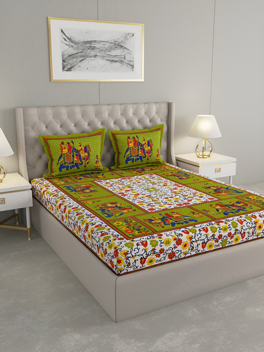 

PATRICKO Green & Red Floral Cotton 330 TC King Bedsheet with 2 Pillow Covers