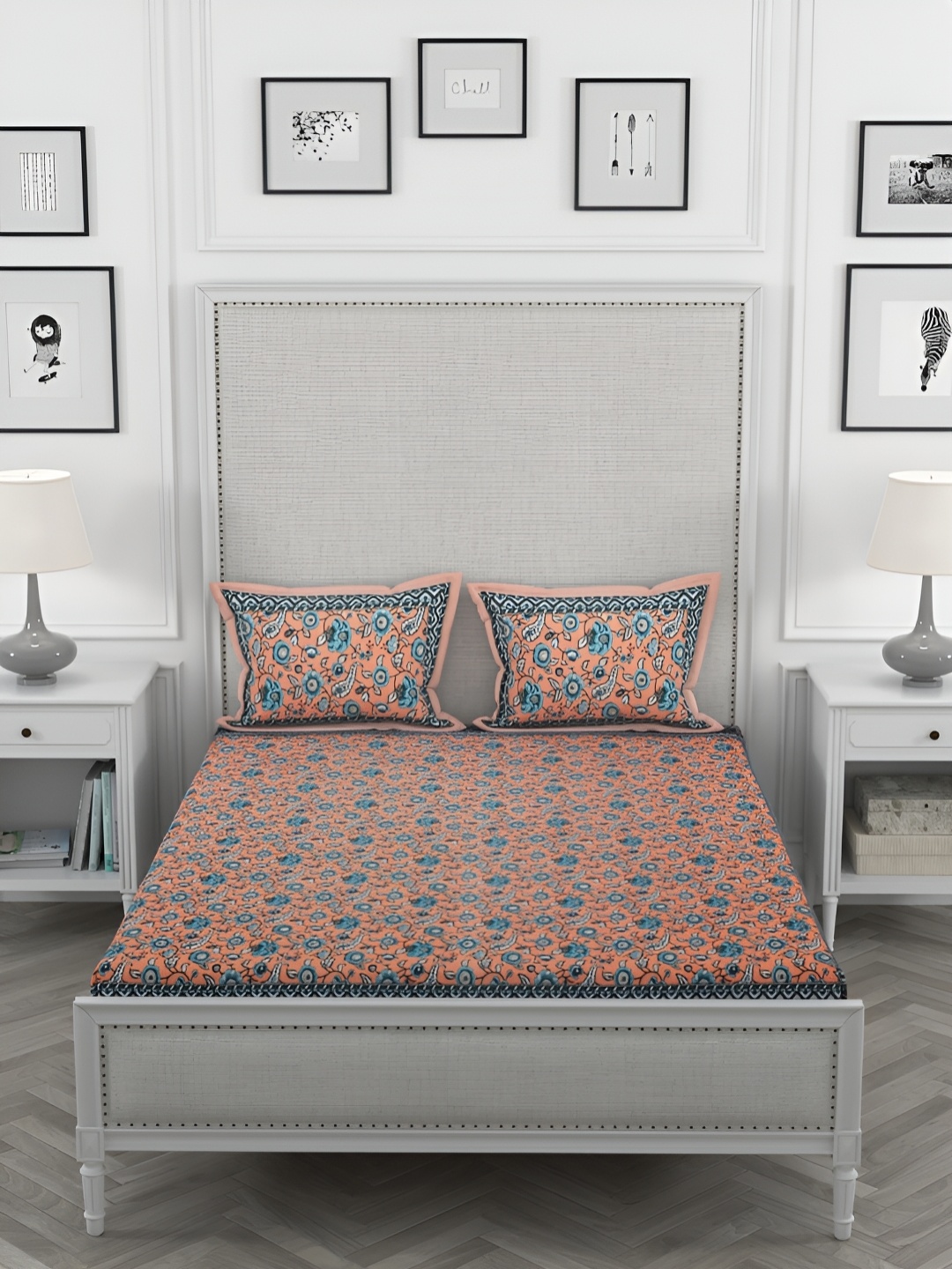 

PATRICKO Orange & Blue Floral Cotton 330 TC King Bedsheet with 2 Pillow Covers