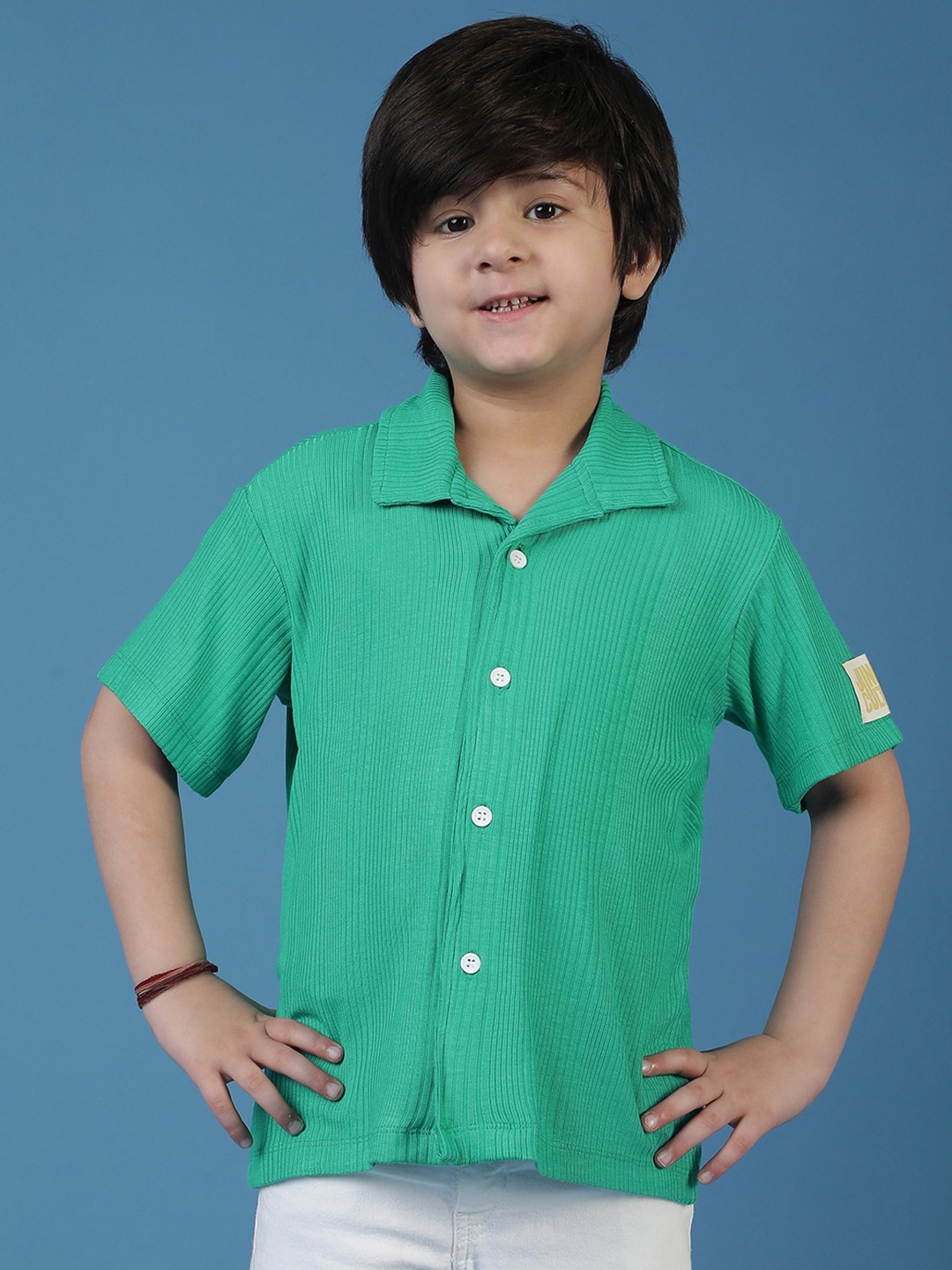 

TALES & STORIES Boys Mandarin Collar Long Sleeves Striped Regular Fit Casual Shirt, Green