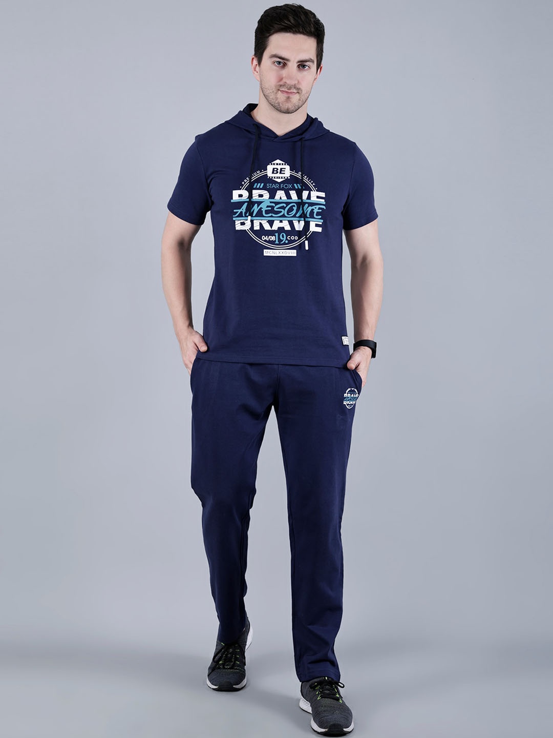 

STARFOX Men Typography Printed Hooded T-shirt with Trousers, Navy blue