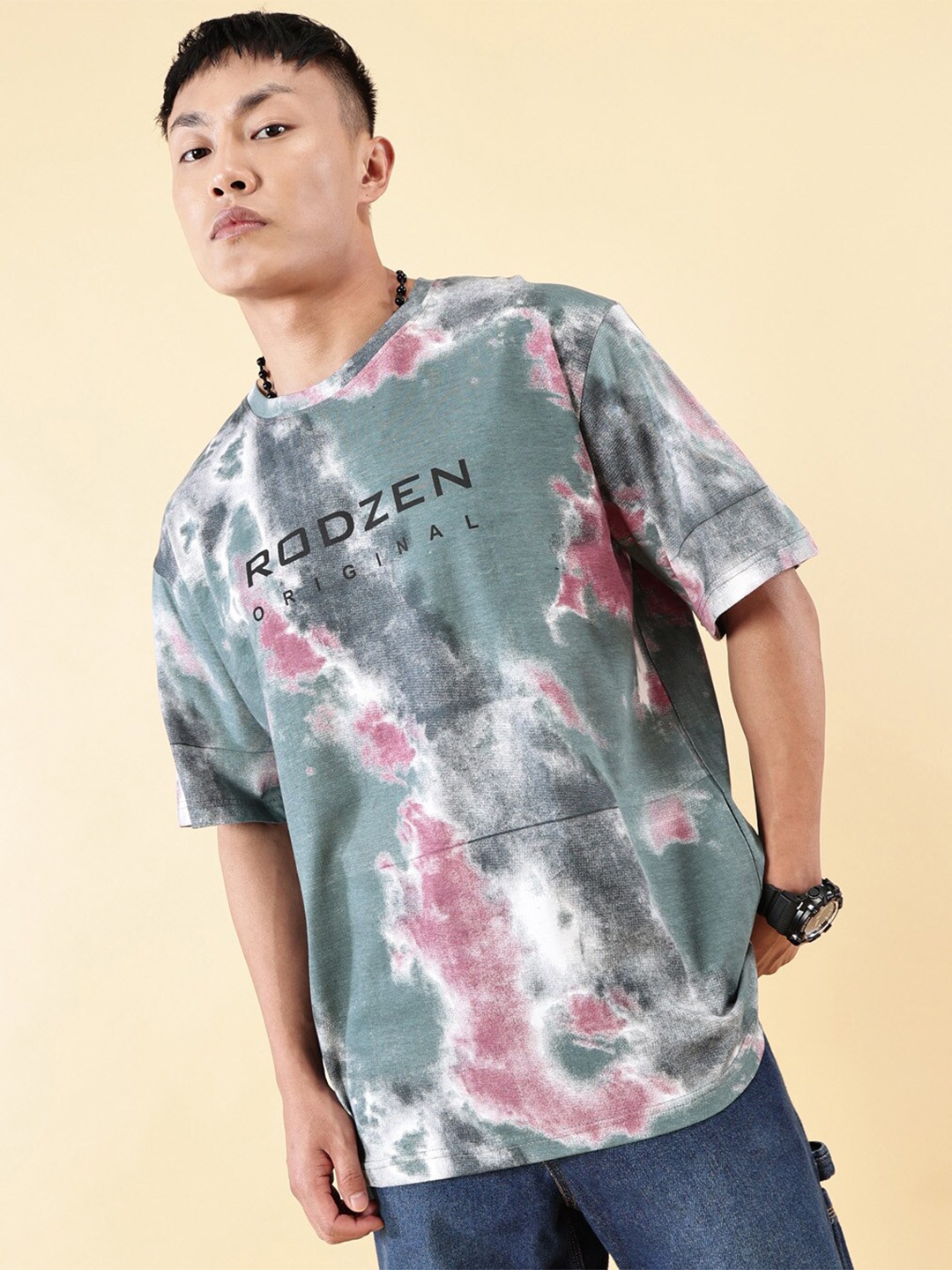 

Rodzen Printed Round Neck Pure Cotton Drop-Shoulder Sleeves Oversized T-shirt, Grey