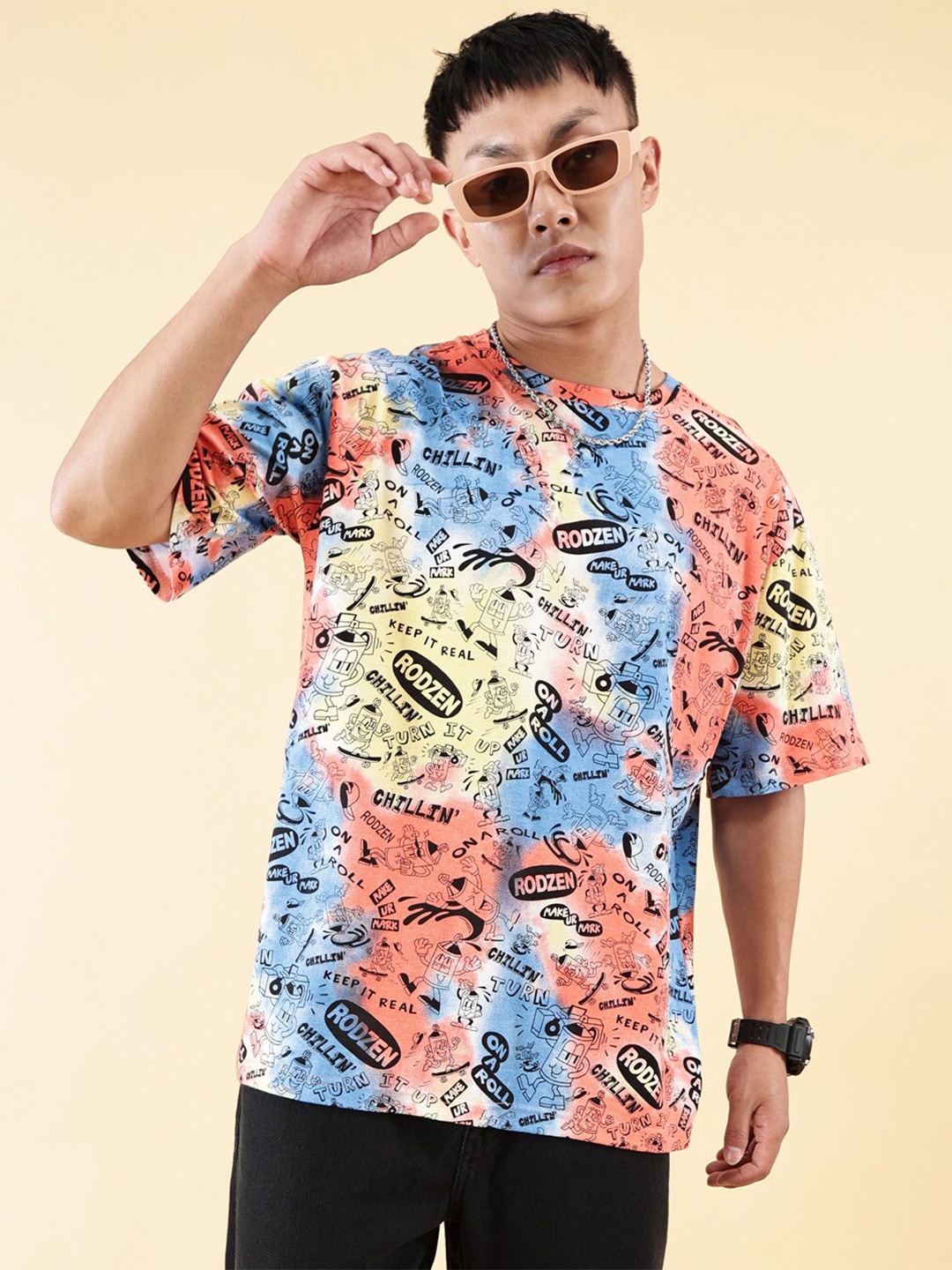 

Rodzen Typography Printed Pure Cotton Drop-Shoulder Sleeves Oversized T-shirt, Multi