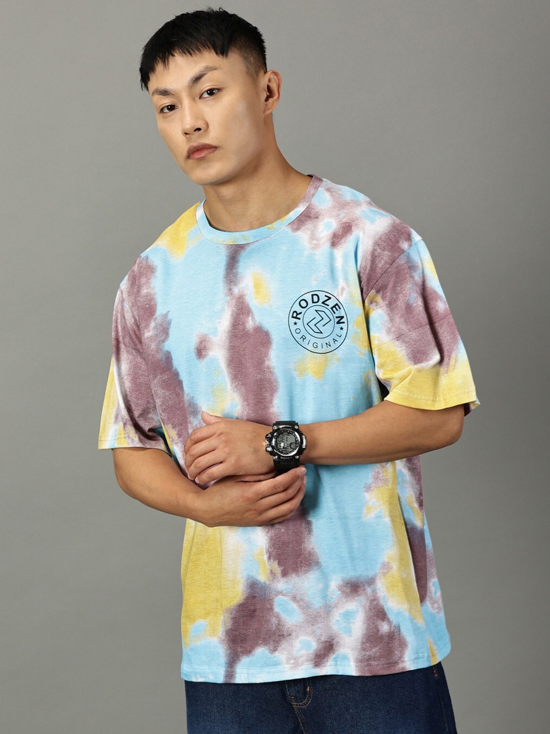 

Rodzen Dyed Printed Pure Cotton Drop-Shoulder Sleeves Oversized T-shirt, Blue