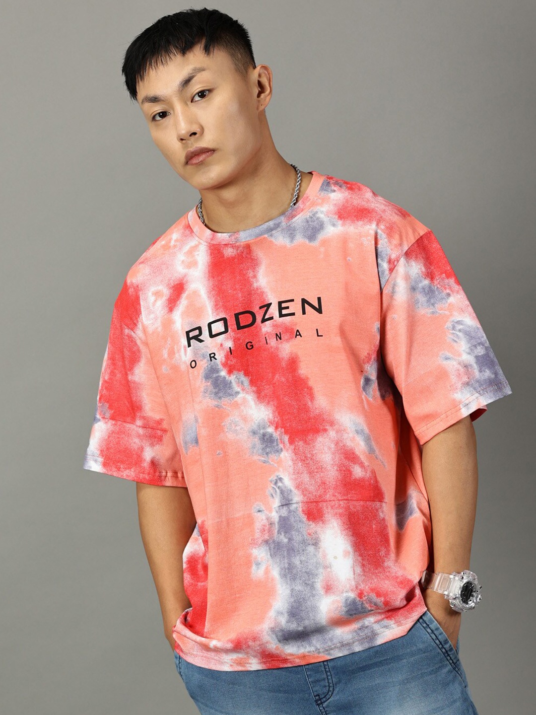 

Rodzen Dyed Pure Cotton Drop-Shoulder Sleeves Oversized T-shirt, Orange