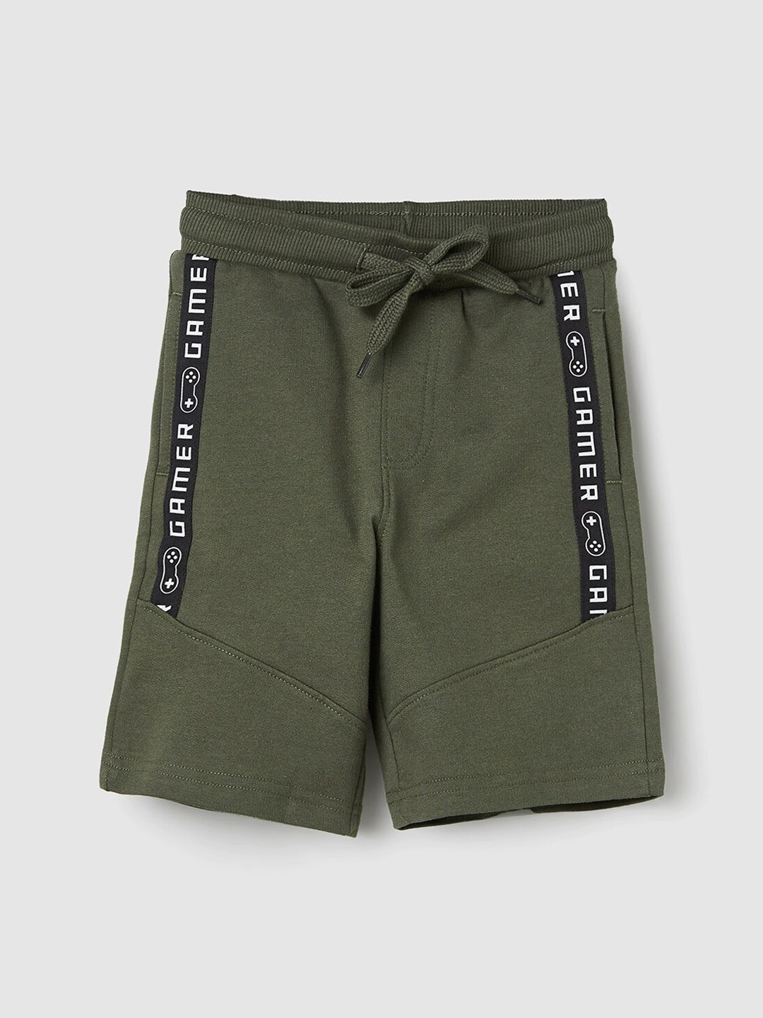 

max Boys Typography Printed Mid-Rise Regular Fit Cotton Casual Shorts, Olive