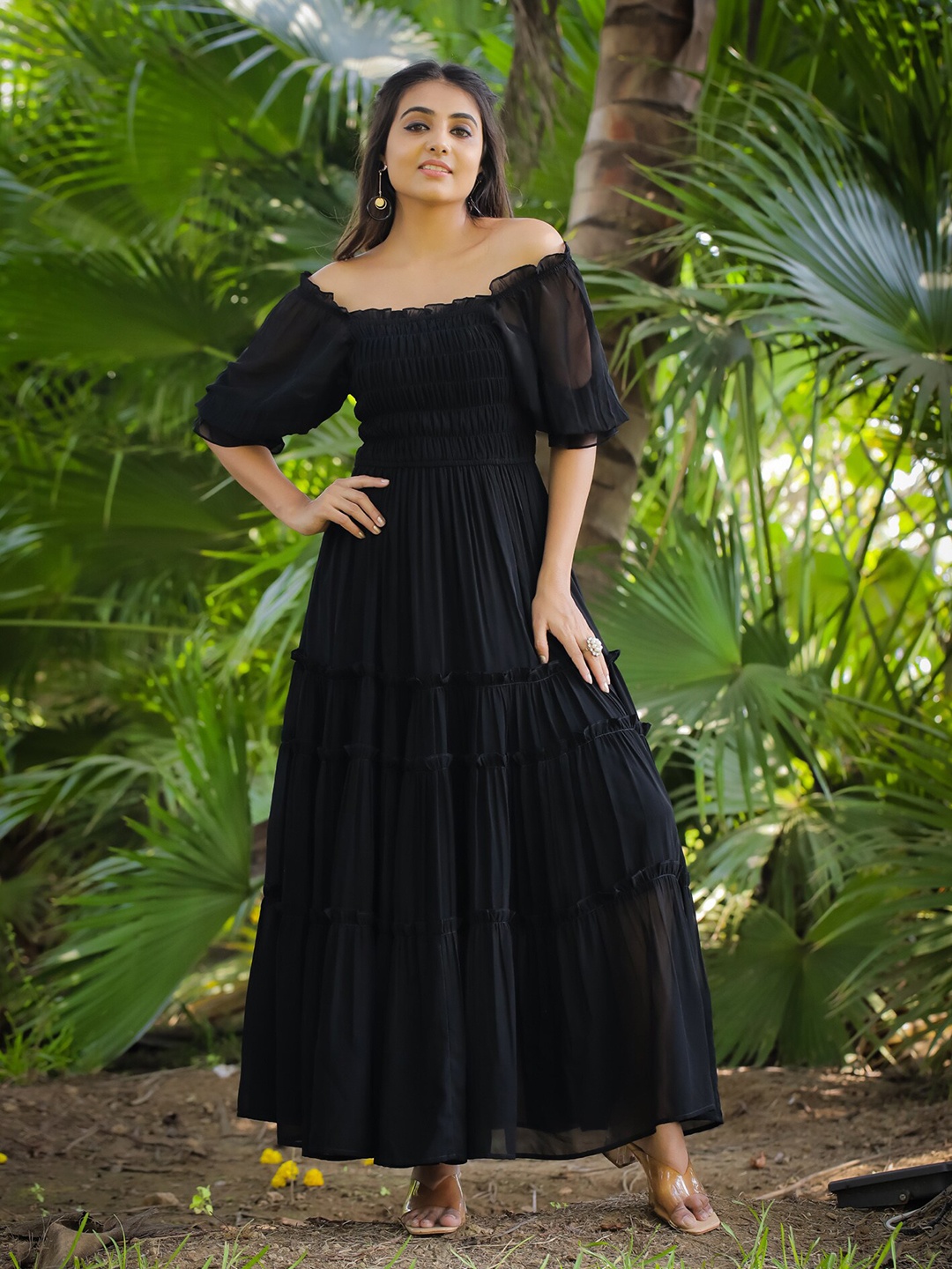 

Masakali.Co Off-Shoulder Flutter Sleeve Georgette Maxi Midi Dress, Black