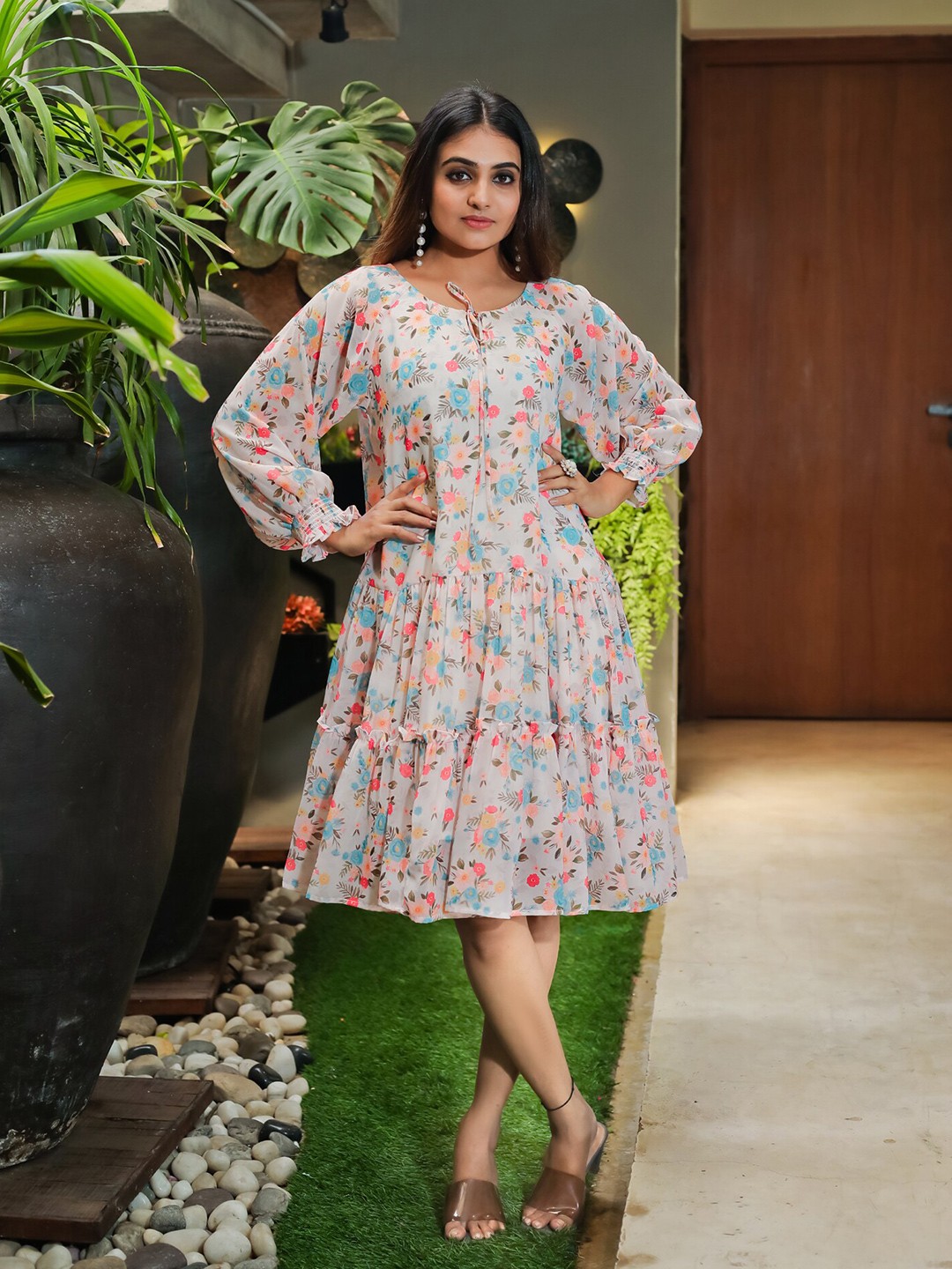 

Masakali.Co Floral Printed Tie-Up Neck Georgette Tiered A-Line Dress, White