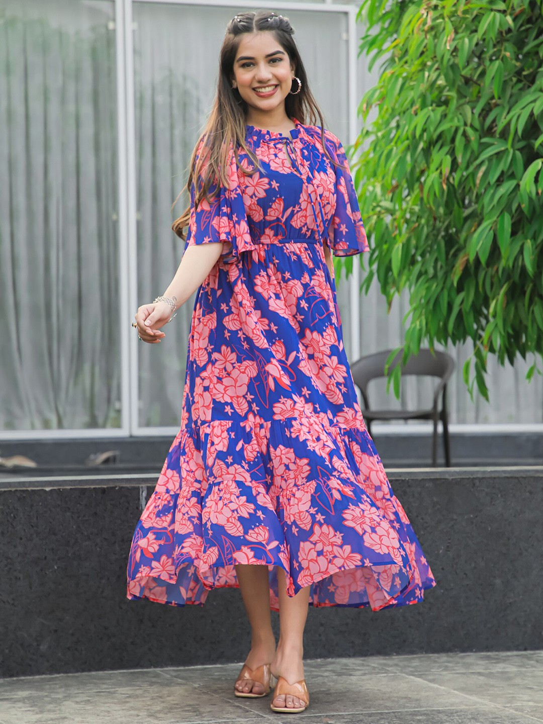 

Masakali.Co Floral Print Tie-Up Neck Puff Sleeves Georgette A-Line Maxi Dress, Blue