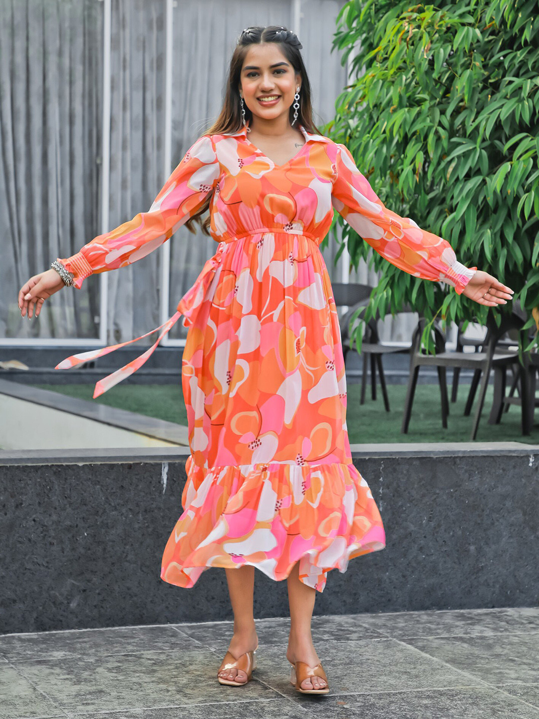 

Masakali.Co Floral Printed Georgette Empire Maxi Dress, Orange