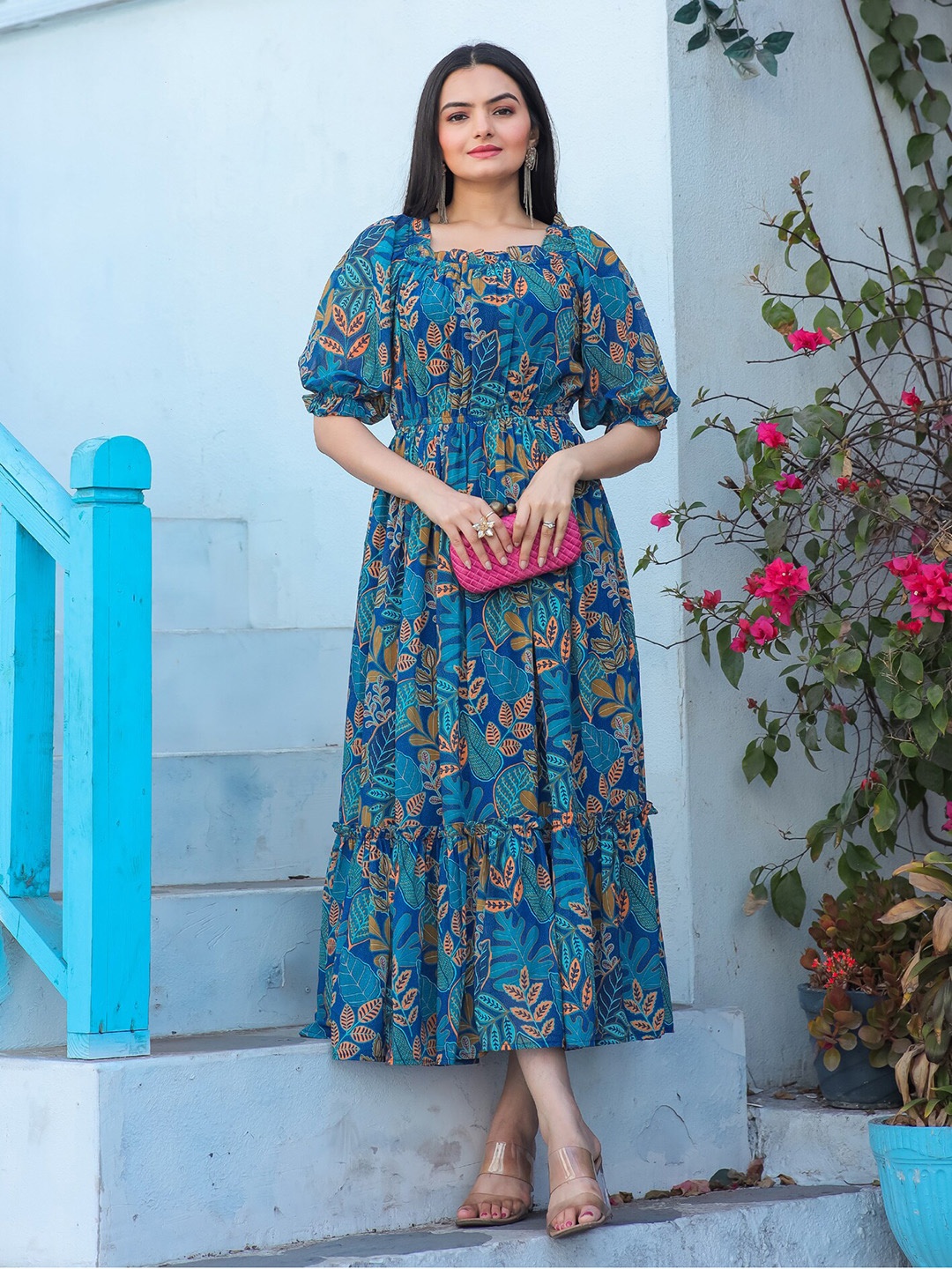 

Masakali.Co Floral Printed Georgette Fit & Flare Midi Dress, Green