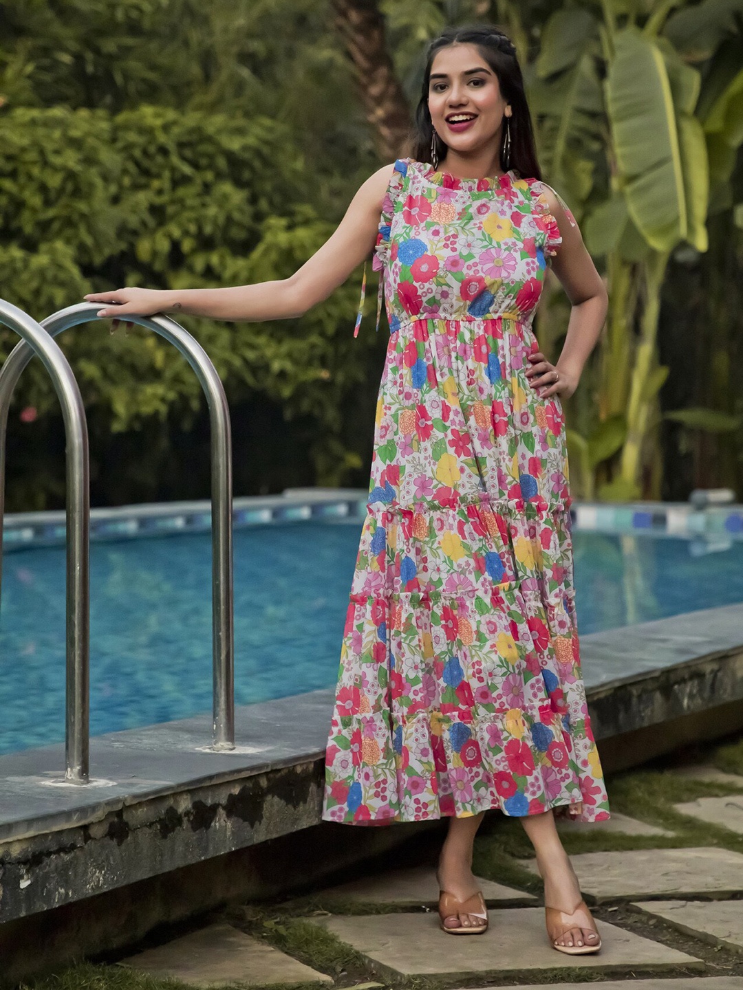 

Masakali.Co Floral Print Georgette A-Line Maxi Dress, Pink