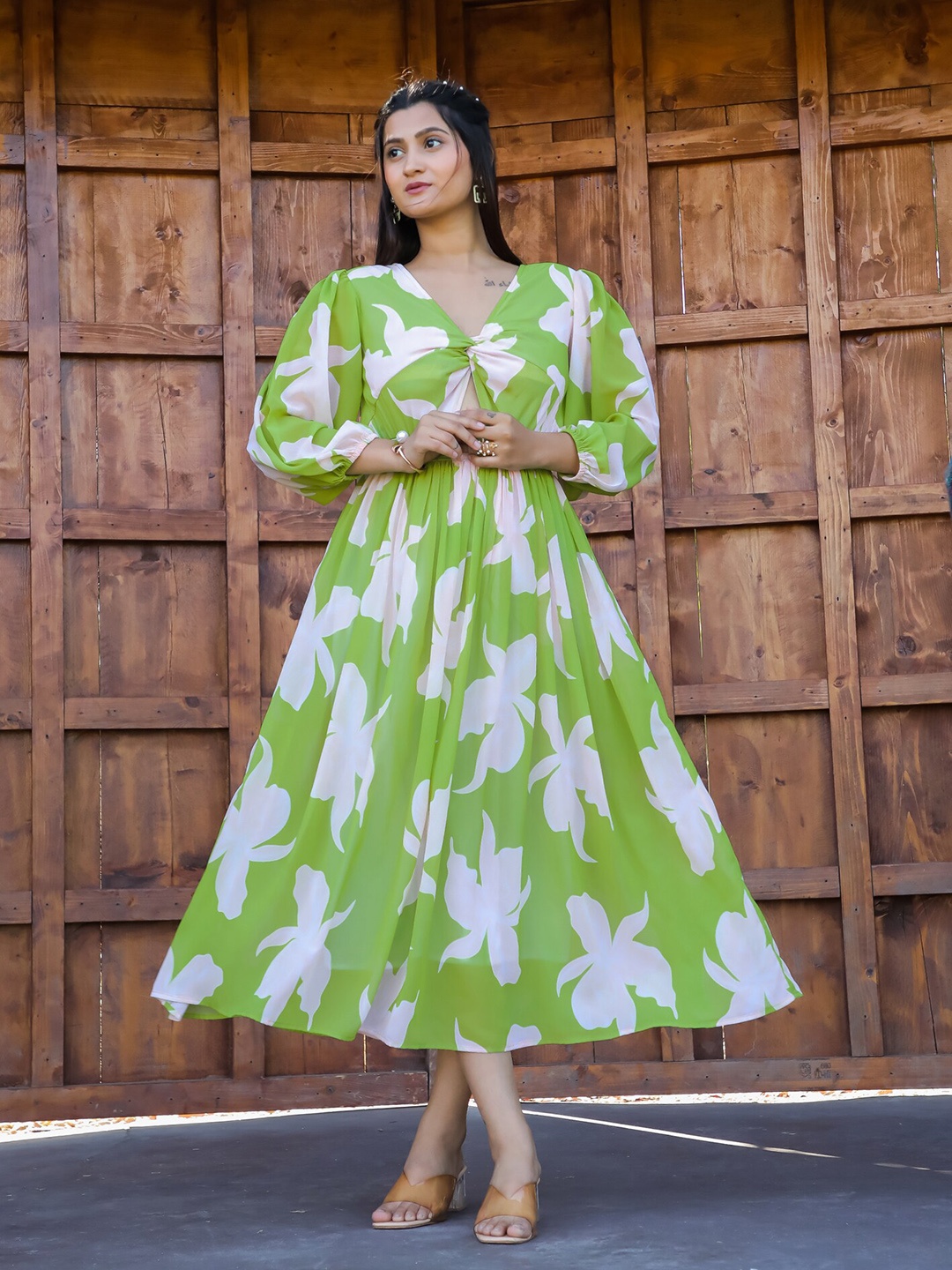 Masakali.Co Floral Printed V Neck Georgette Empire Midi Dress, Green