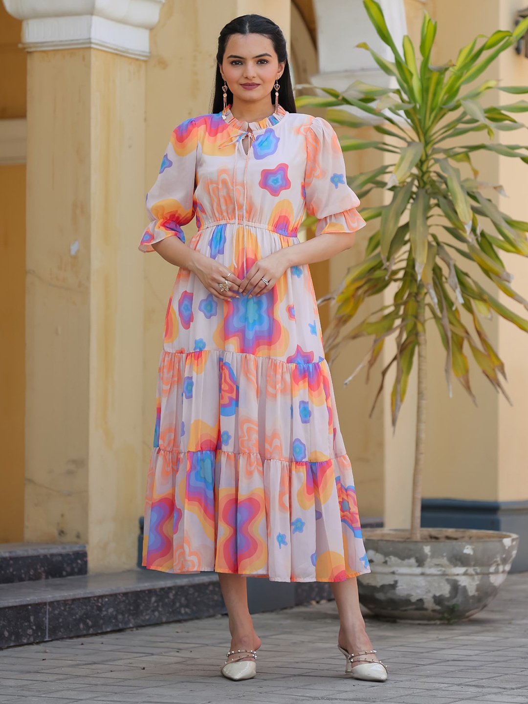 

Masakali.Co Abstract Print Tie-Up Neck Georgette Fit & Flare Maxi Dress, Cream