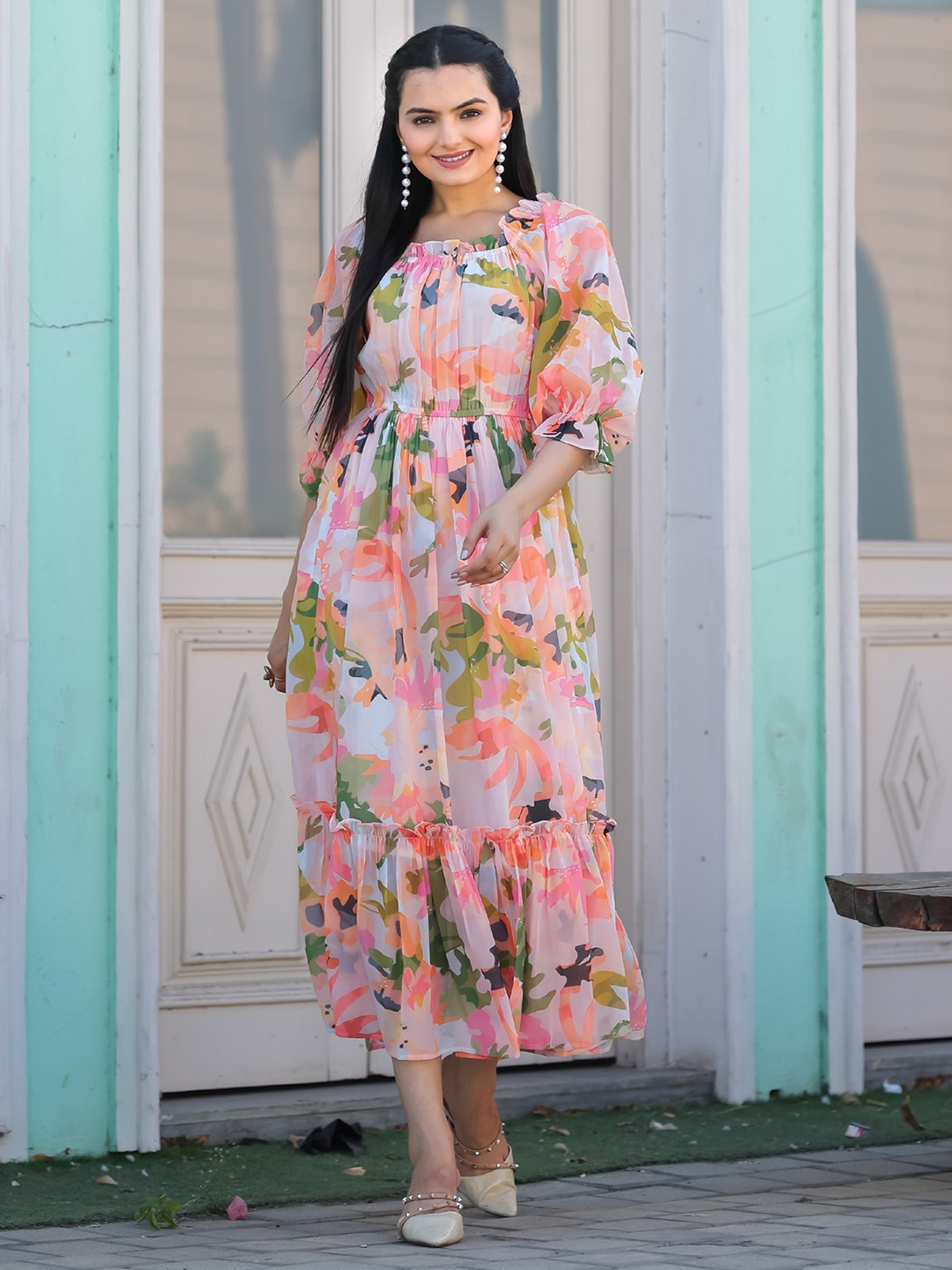 

Masakali.Co Floral Print Square Neck Puff Sleeves Georgette Maxi Dress, Pink
