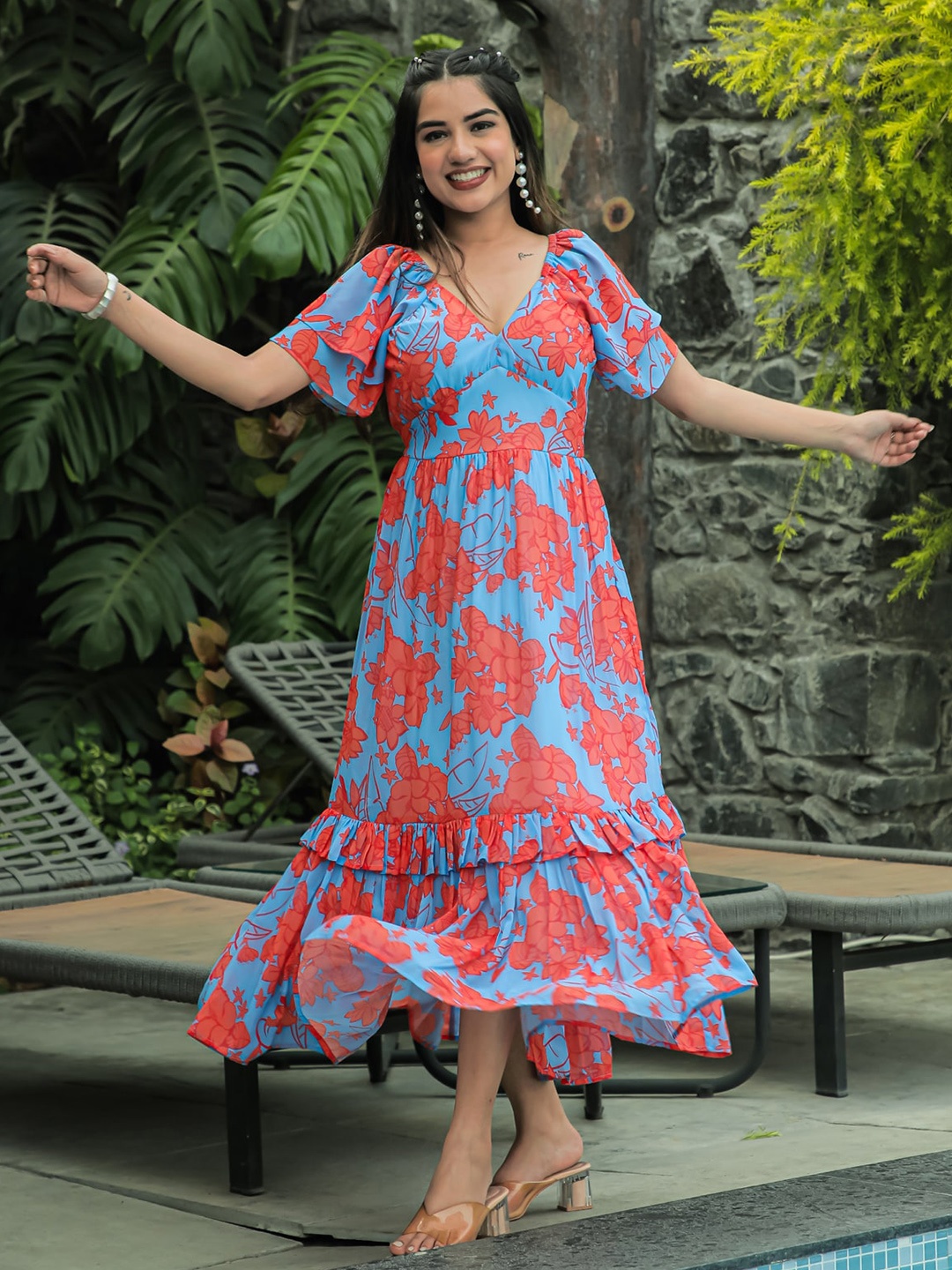 

Masakali.Co Floral Printed Bell Sleeves Georgette A-Line Maxi Dress, Blue