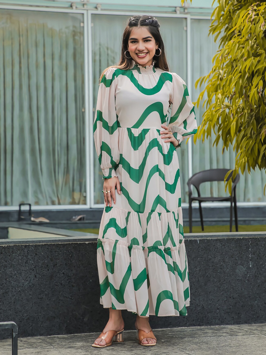 

Masakali.Co Abstract Print High Neck Puff Sleeves Georgette Maxi Dress, Cream