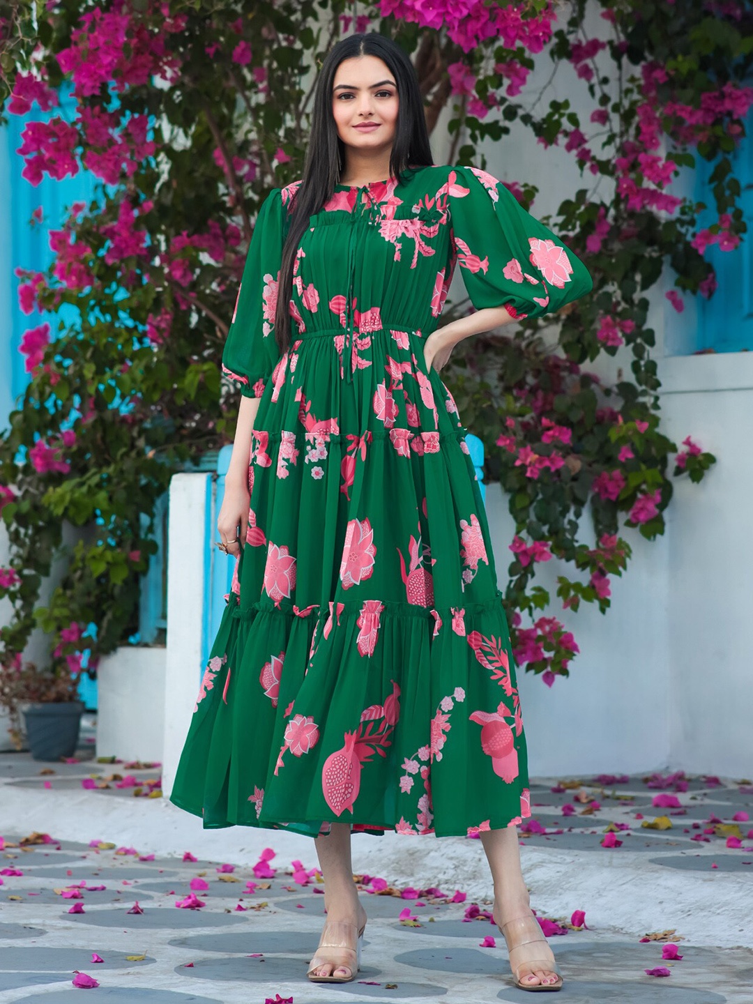 

Masakali.Co Floral Printed Round Neck Long Sleeves Fit & Flare Dress, Green
