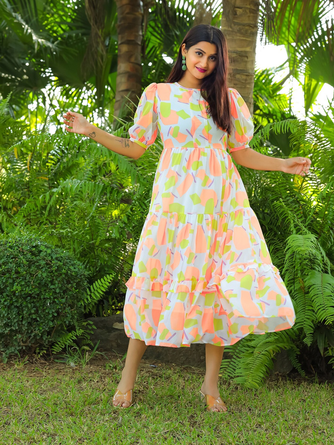 

Masakali.Co Abstract Print Round Neck Georgette A-Line Maxi Dress, White