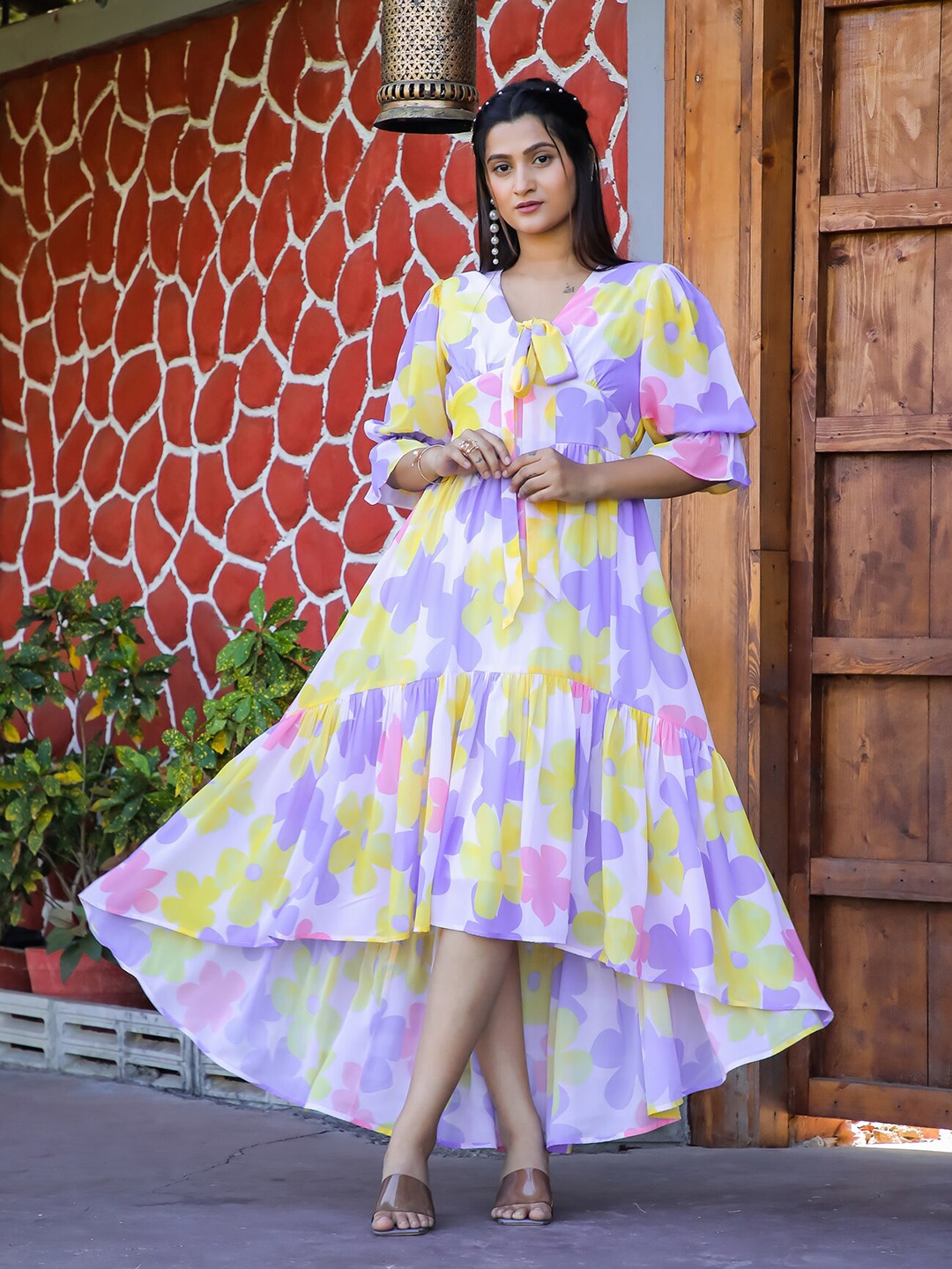 

Masakali.Co Floral Printed Georgette Empire Midi Dress, Yellow