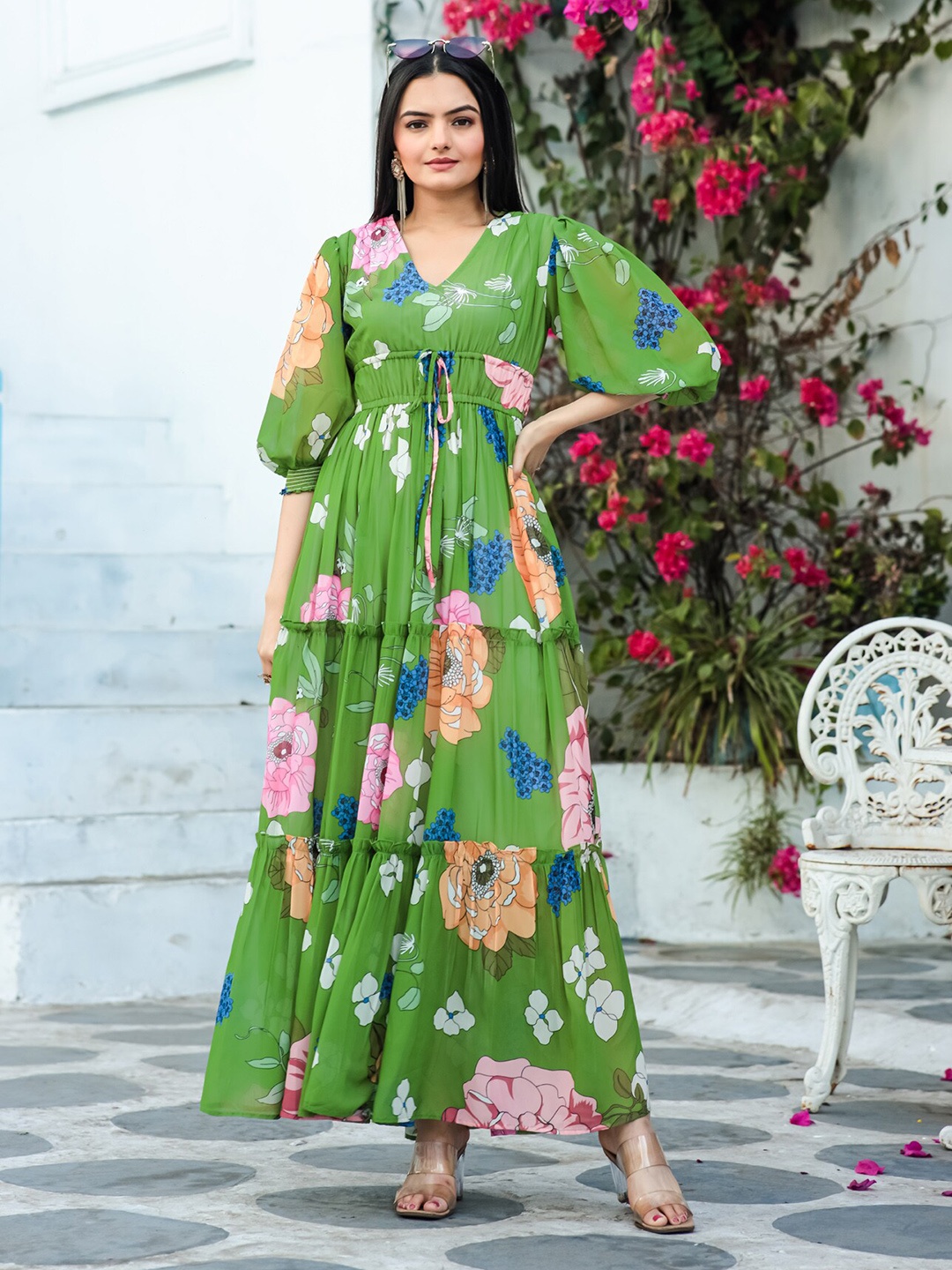 

Masakali.Co Floral Print V-Neck Puff Sleeves Georgette Maxi Dress, Green